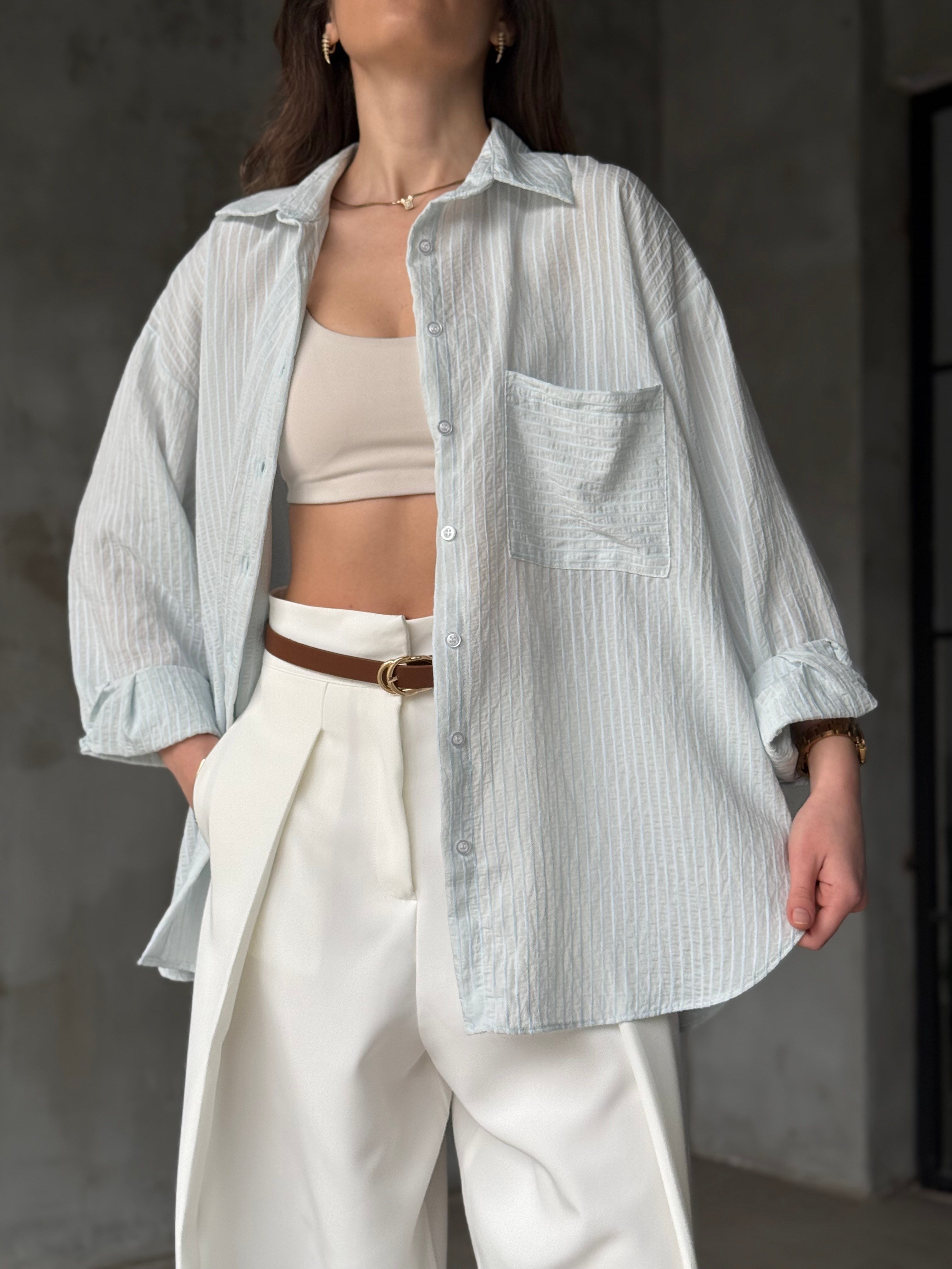 Çizgili Oversize Gömlek - Bebe Mavisi