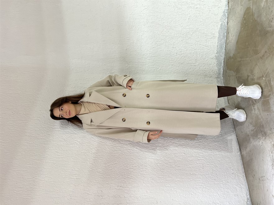 Oversize Düğme Detay Kuşaklı Kruvaze Kaban - Bej