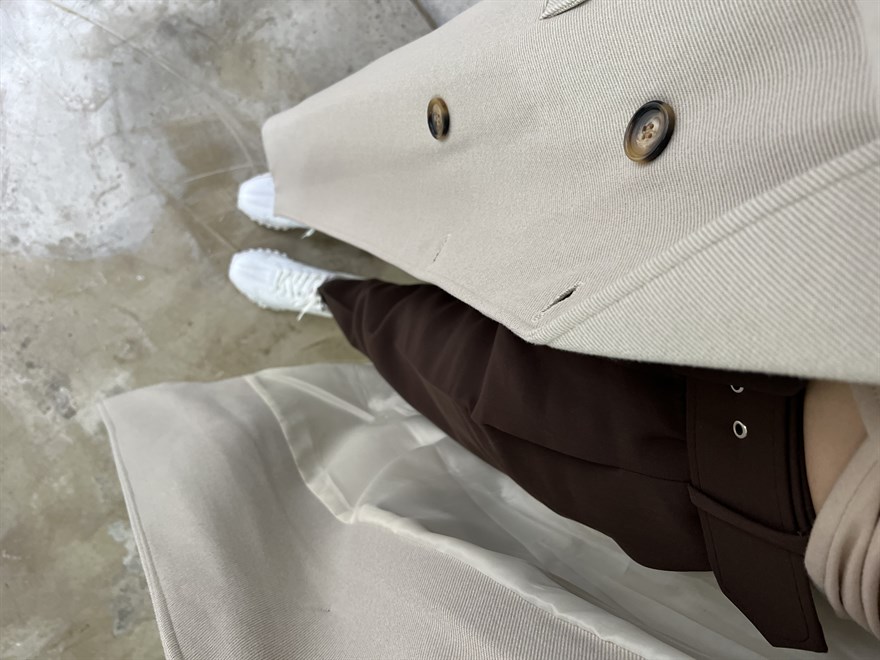Oversize Düğme Detay Kuşaklı Kruvaze Kaban - Bej