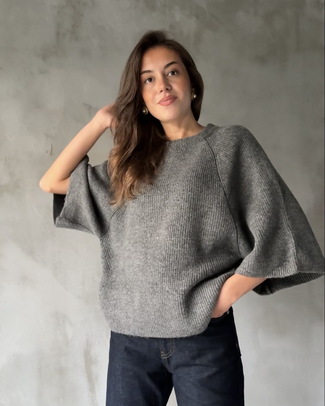 Oversize Fakir Kol Örme Kazak - Antrasit
