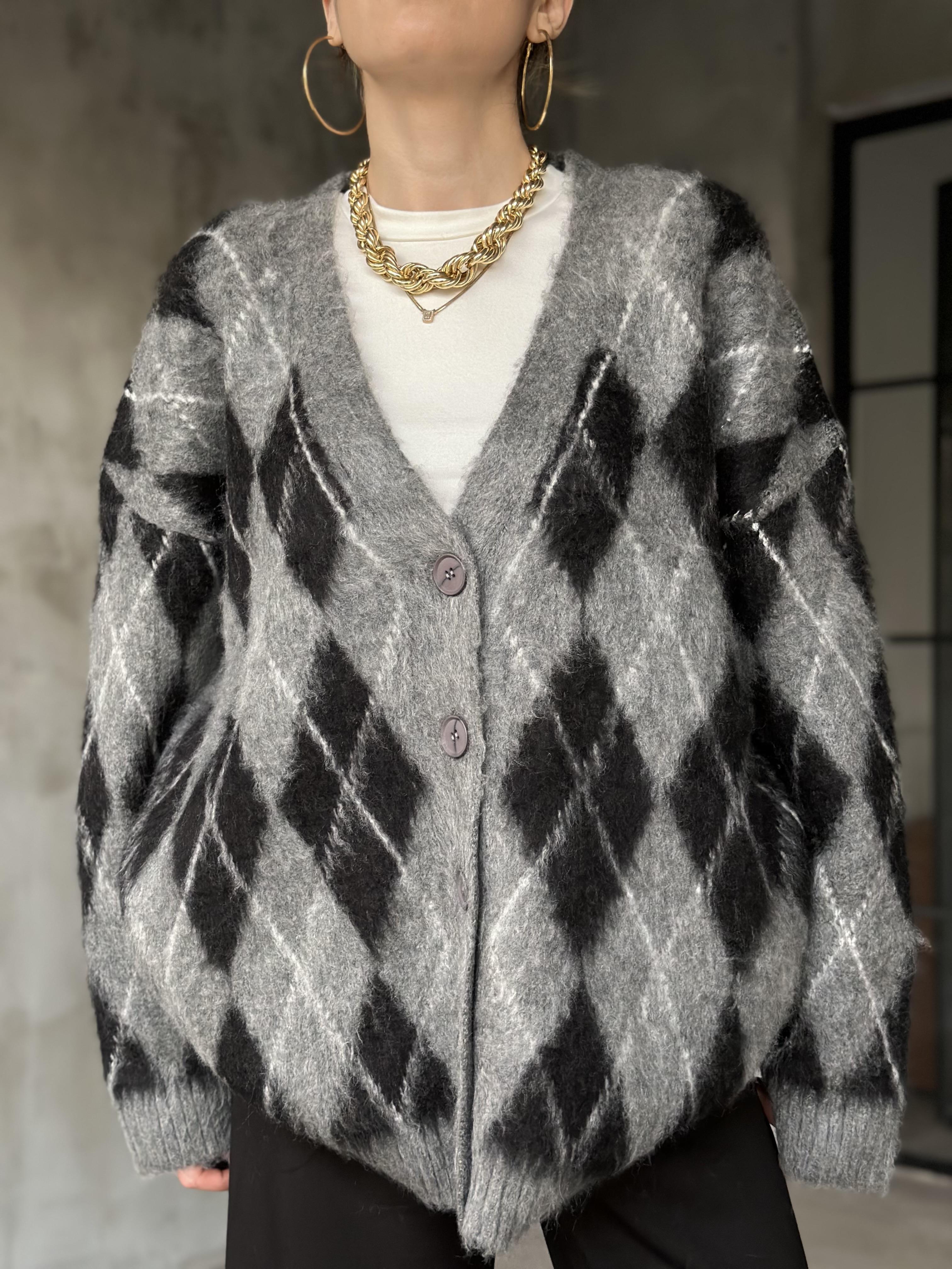 Oversize Gri Siyah Baklava Desenli Hırka