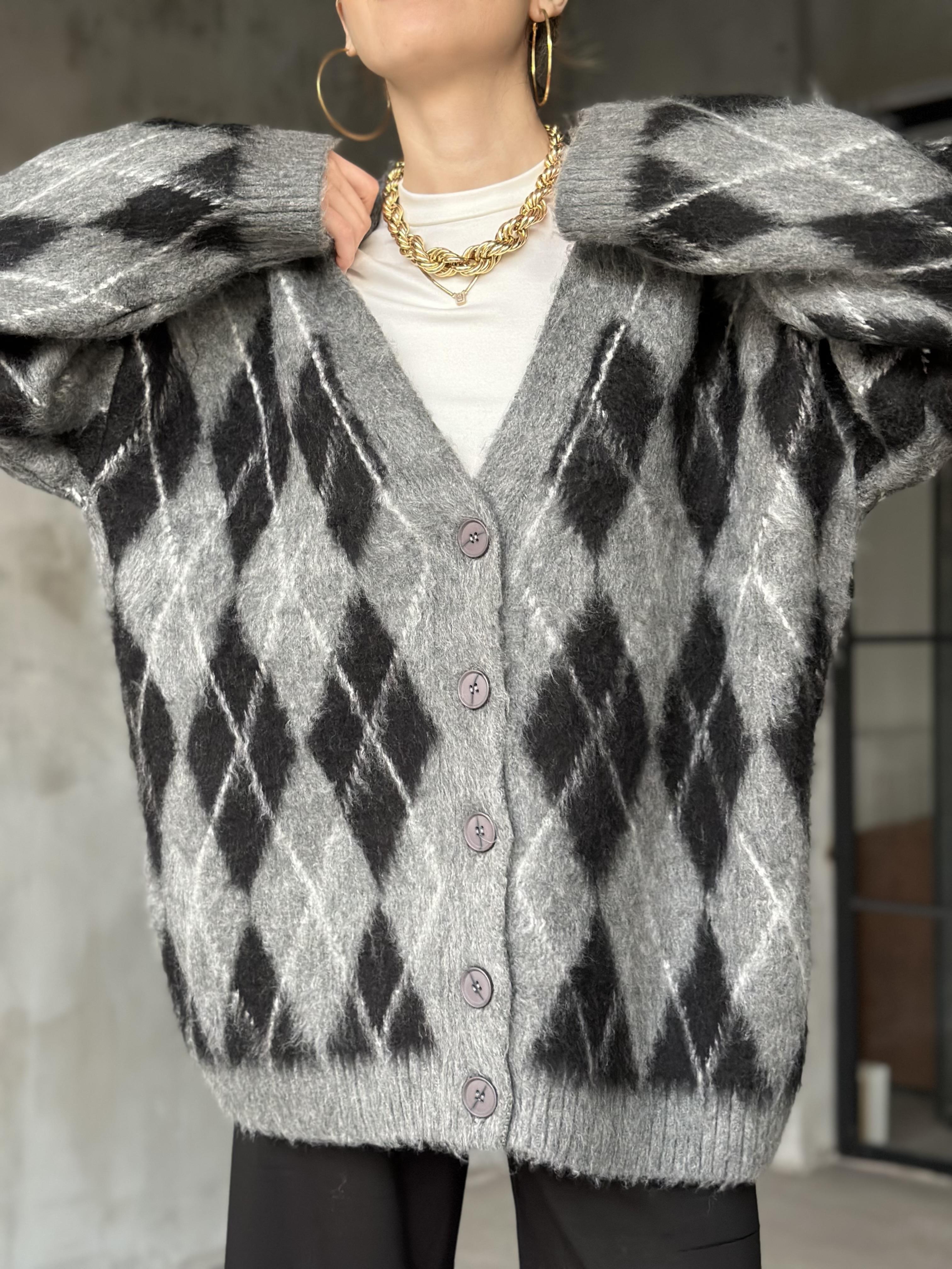 Oversize Gri Siyah Baklava Desenli Hırka