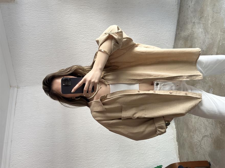 Oversize Keten Tek Cepli Gömlek - Camel