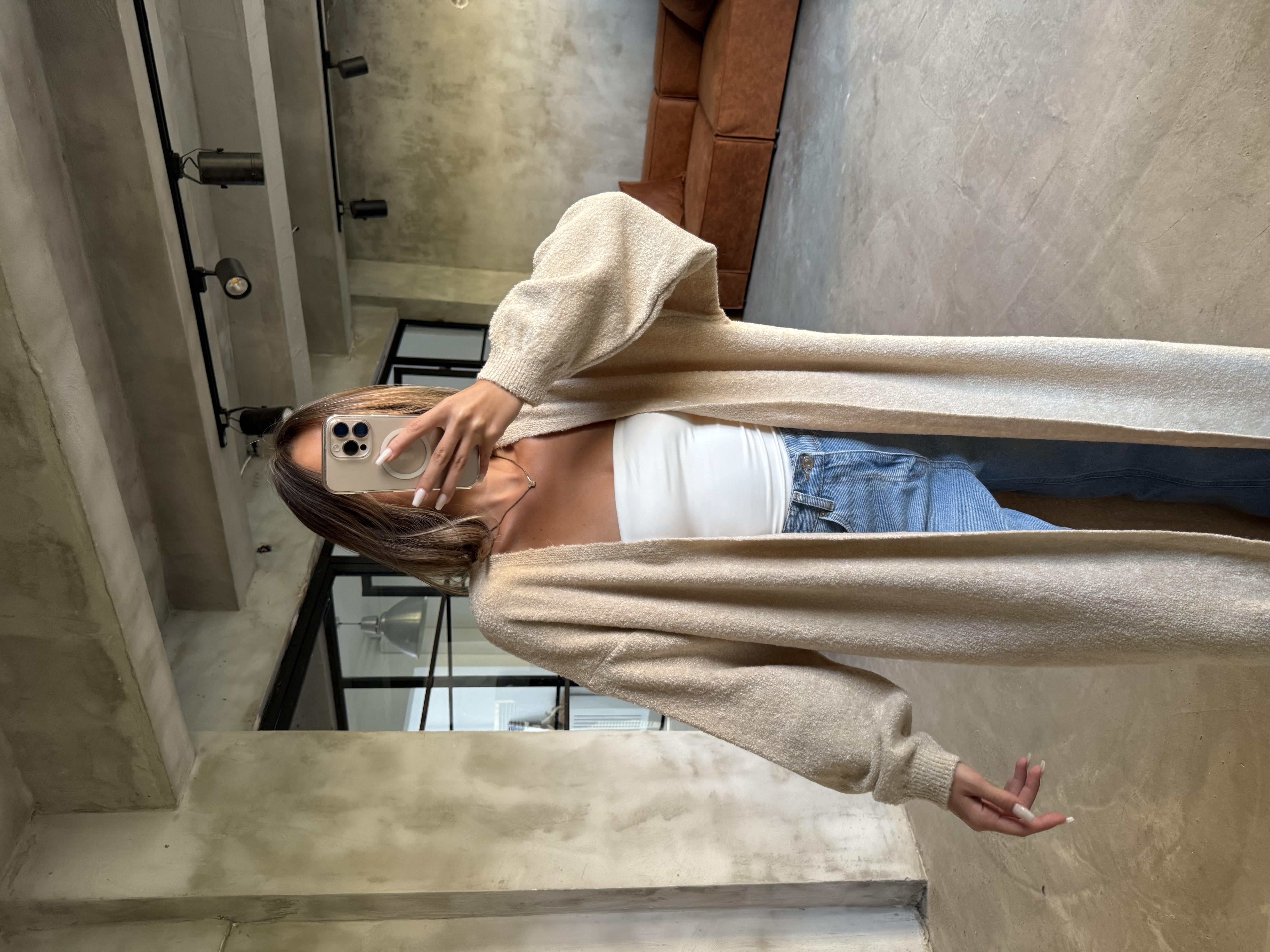Oversize Maxi Boy Triko Hırka - Krem