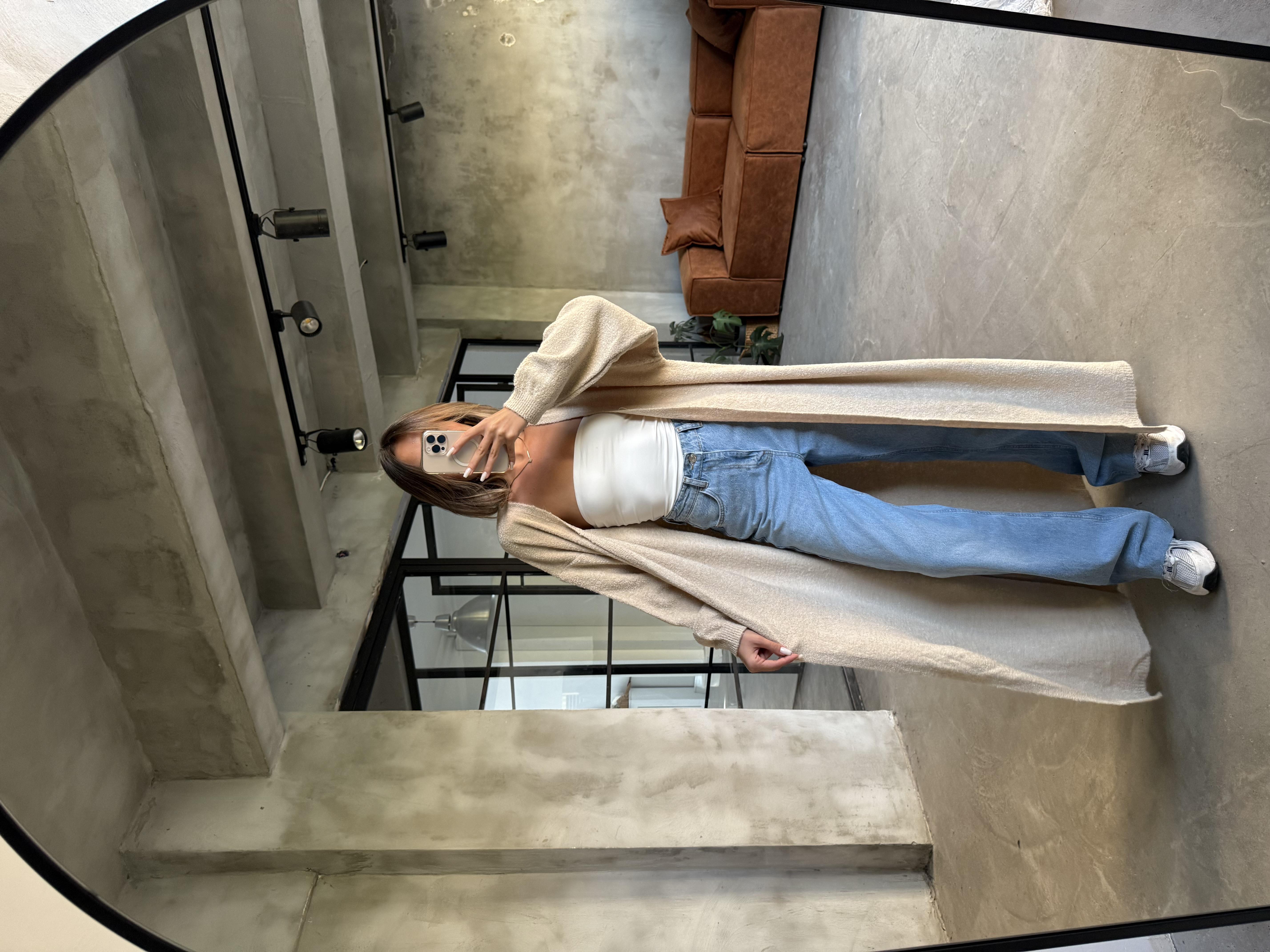 Oversize Maxi Boy Triko Hırka - Krem