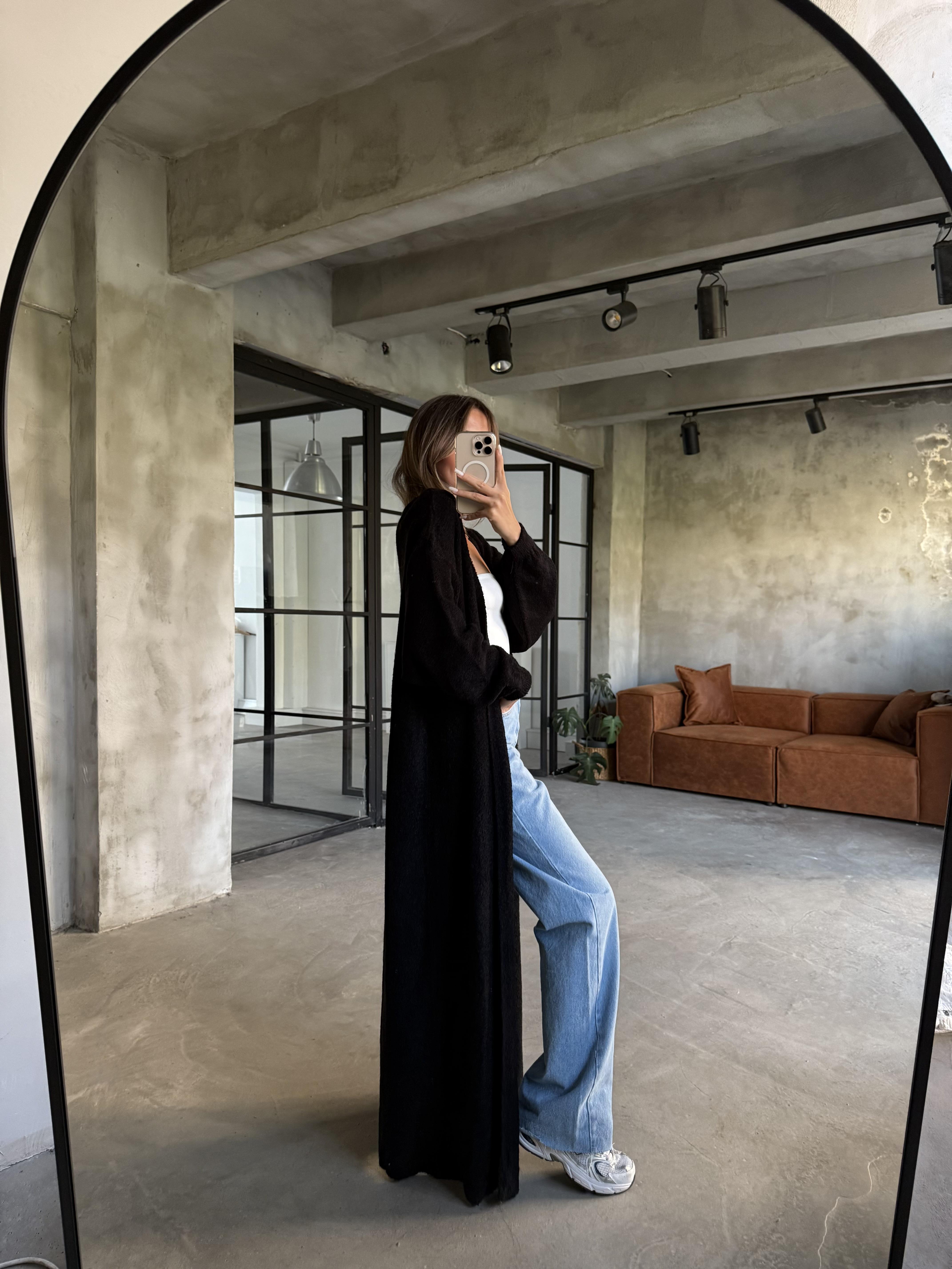 Oversize Maxi Boy Triko Hırka - Siyah