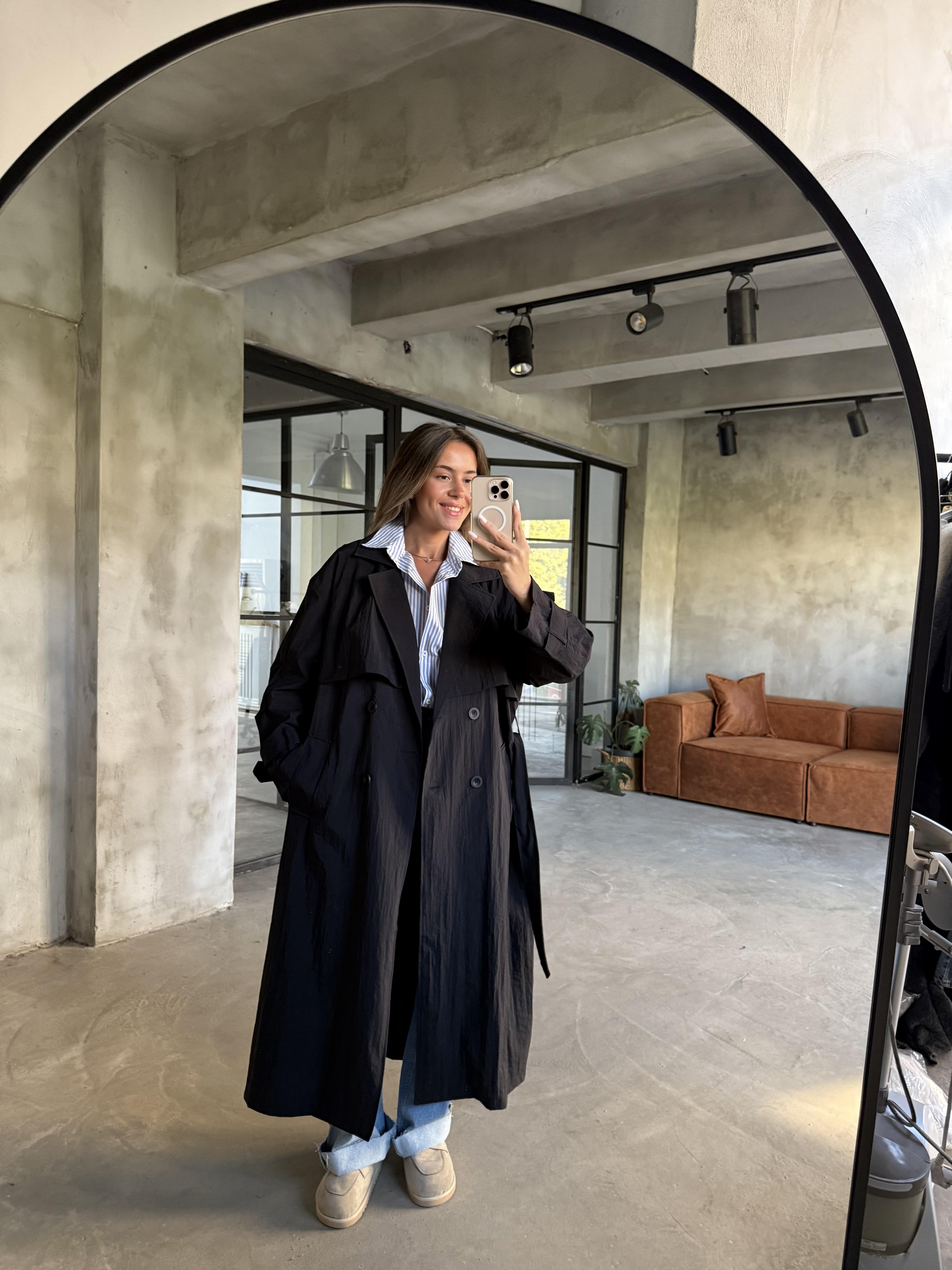 Oversize Su İtici Trençkot - Siyah
