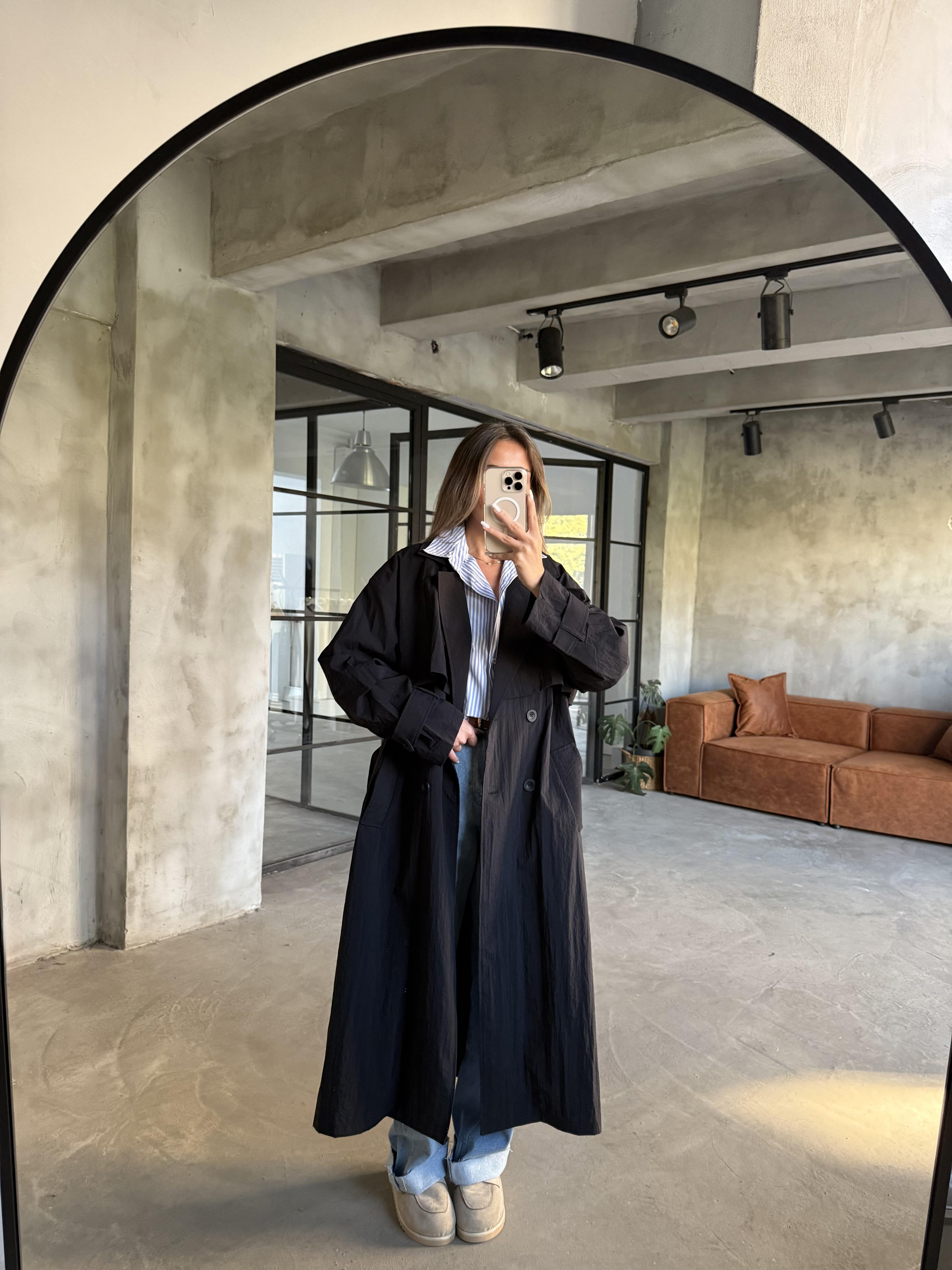 Oversize Su İtici Trençkot - Siyah