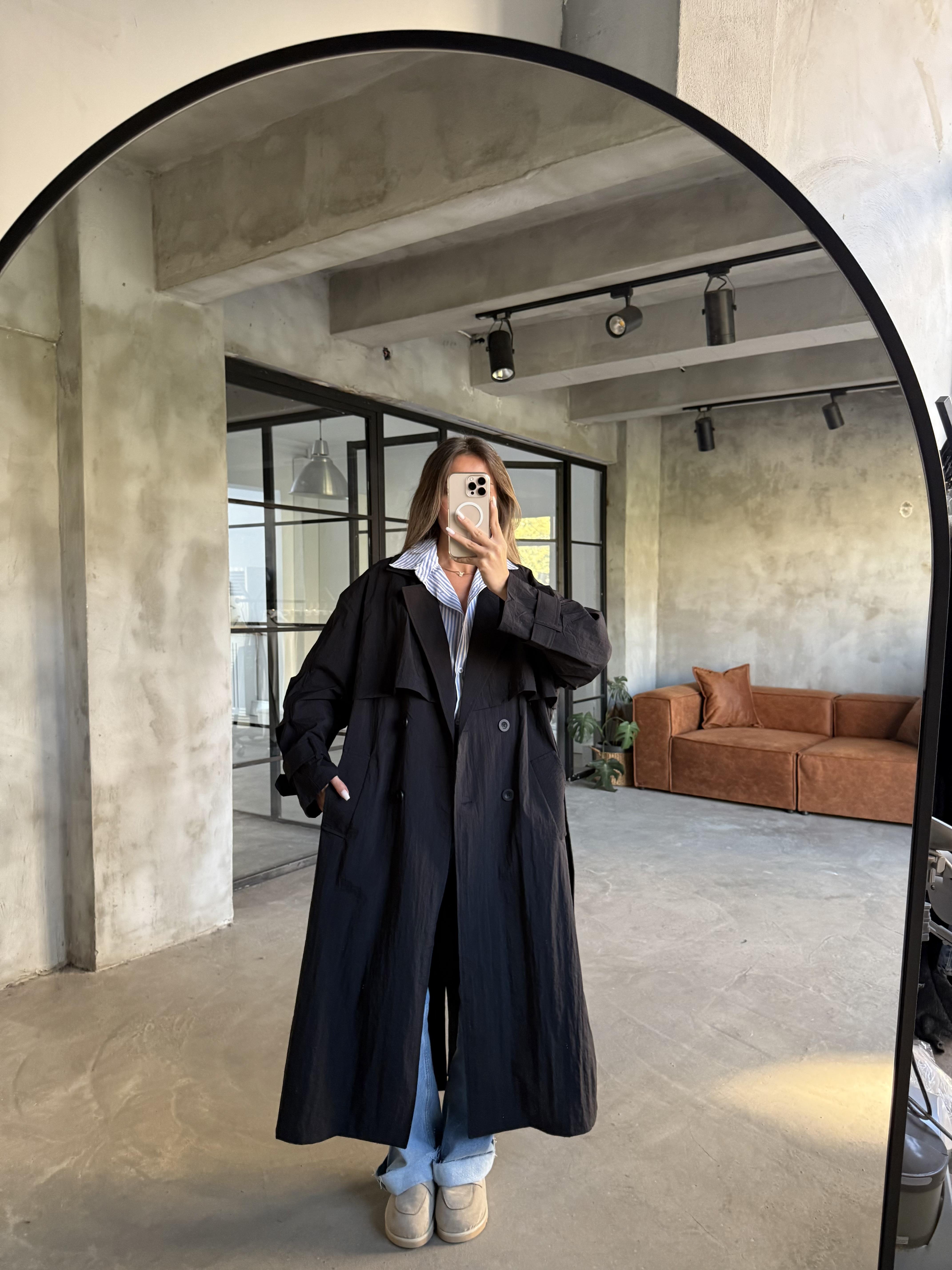 Oversize Su İtici Trençkot - Siyah