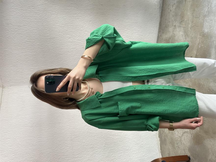 Oversize Tek Cepli Keten Gömlek - Yeşil