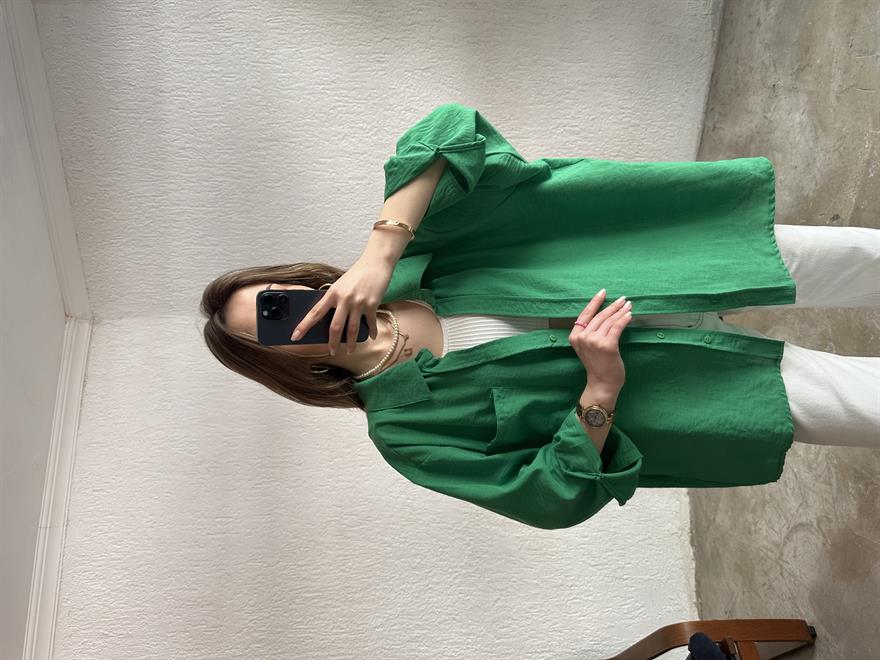 Oversize Tek Cepli Keten Gömlek - Yeşil