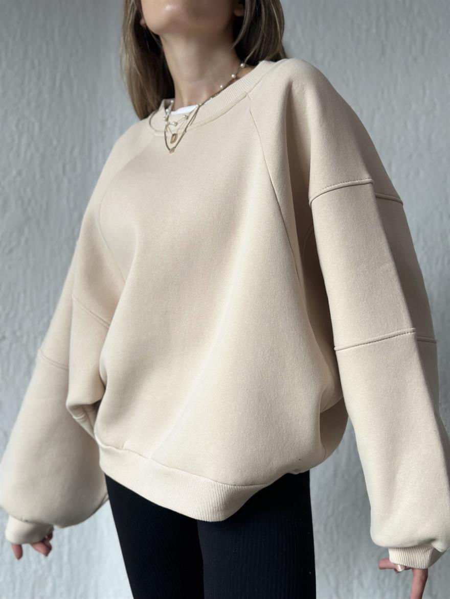 Oversize Unisex Yarasa Kol Sweatshirt - Bej