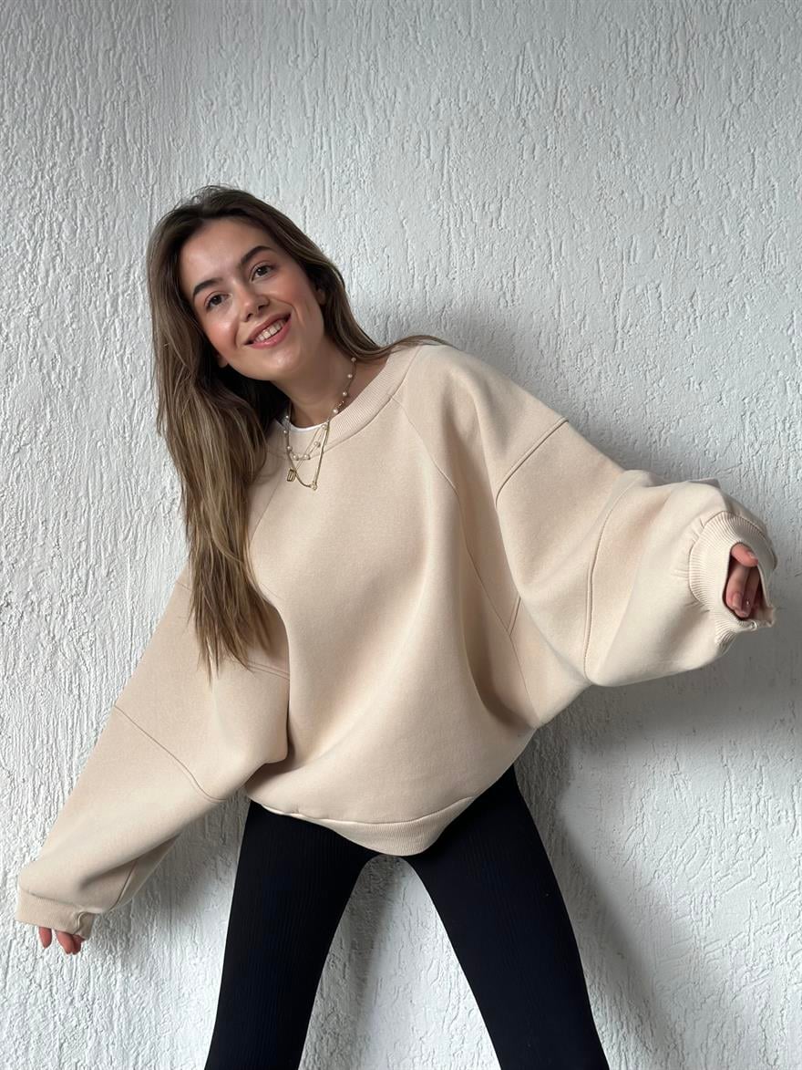 Oversize Unisex Yarasa Kol Sweatshirt - Bej