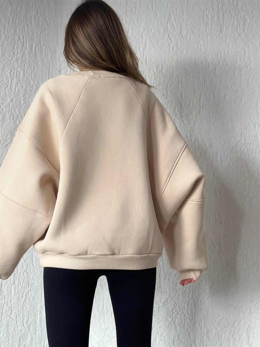 Oversize Unisex Yarasa Kol Sweatshirt - Bej