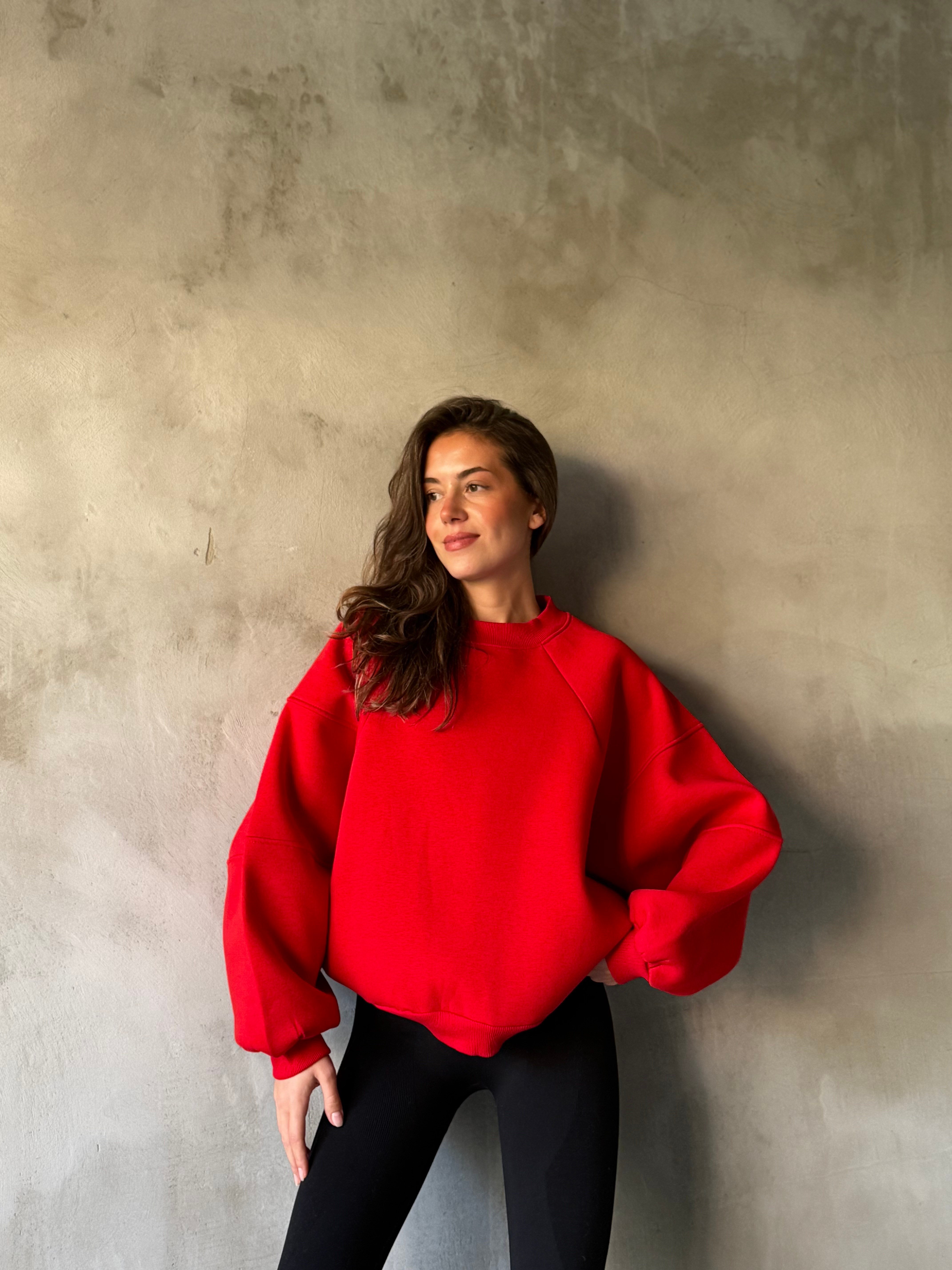 Oversize Yarasa Kol Sweatshirt - Kırmızı
