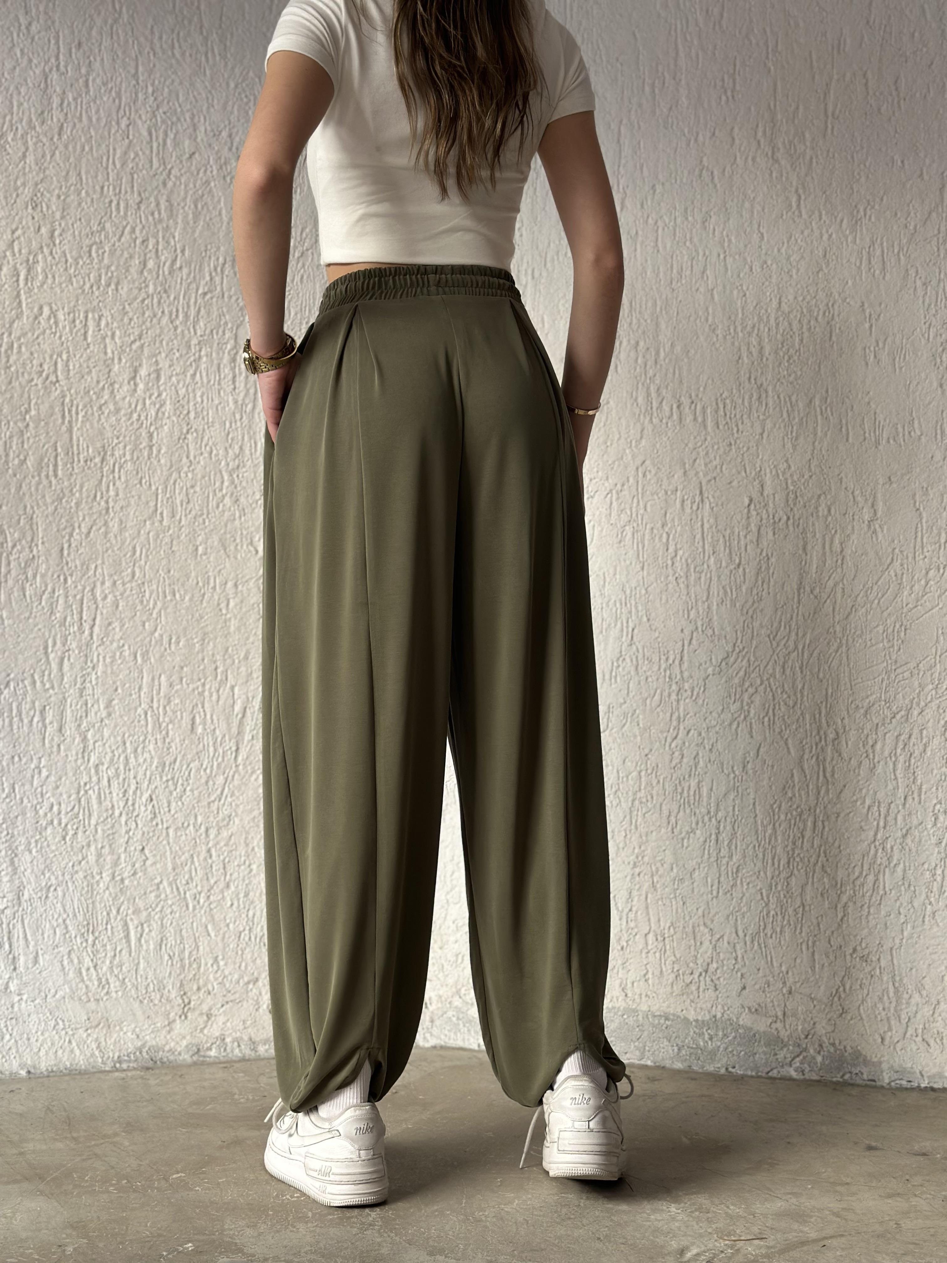 Modal Karışımlı Dökümlü Şalvar Pantolon - Yeşil