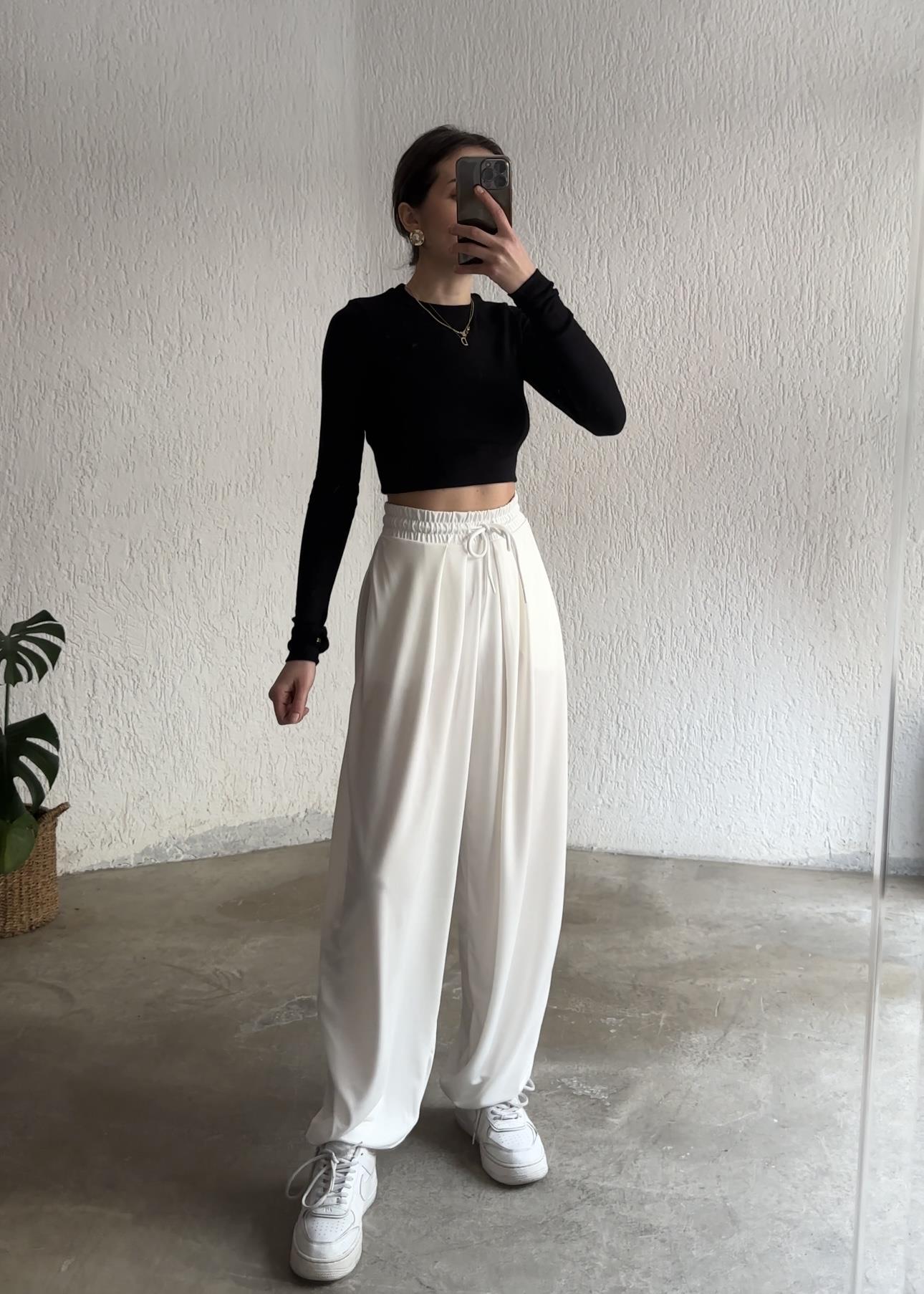 Oysho Modal Karışımlı Dökümlü Şalvar Pantolon - Beyaz