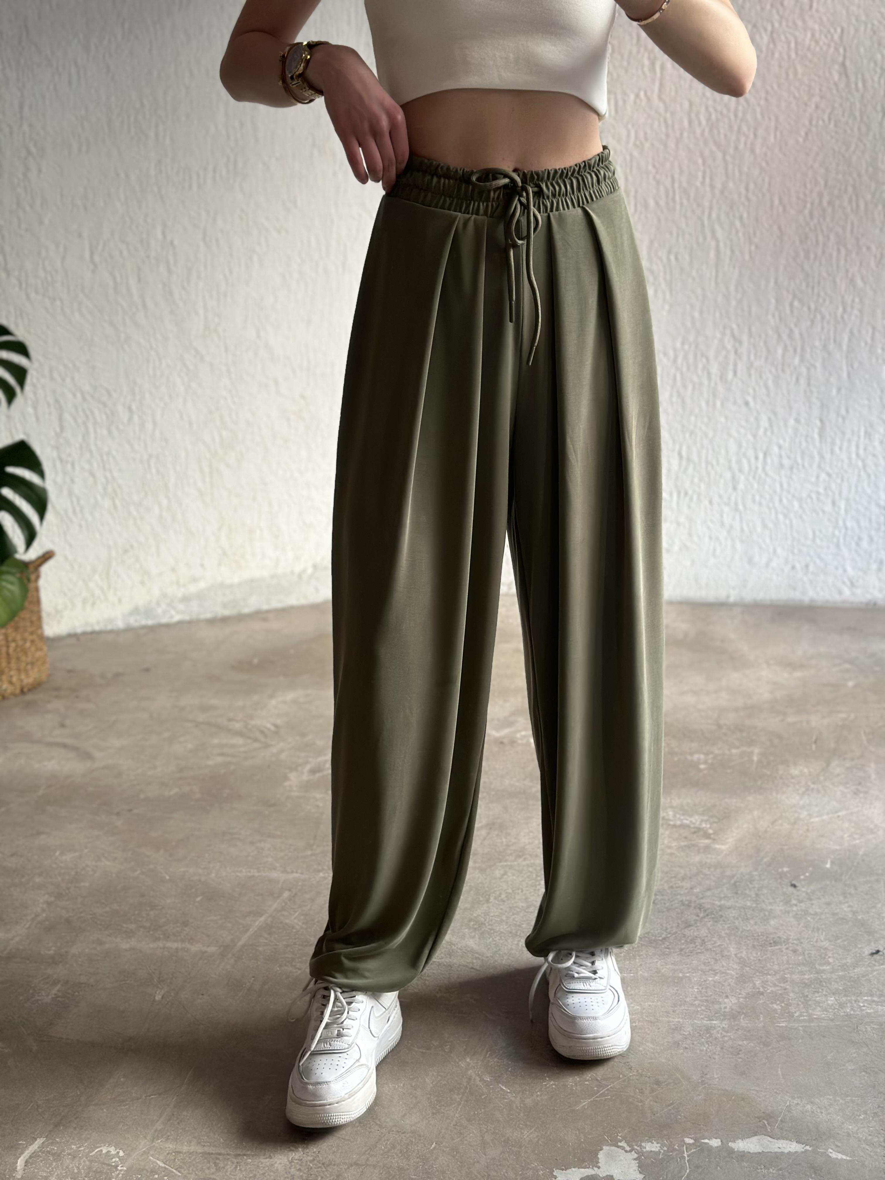  Modal Karışımlı Dökümlü Şalvar Pantolon - Yeşil