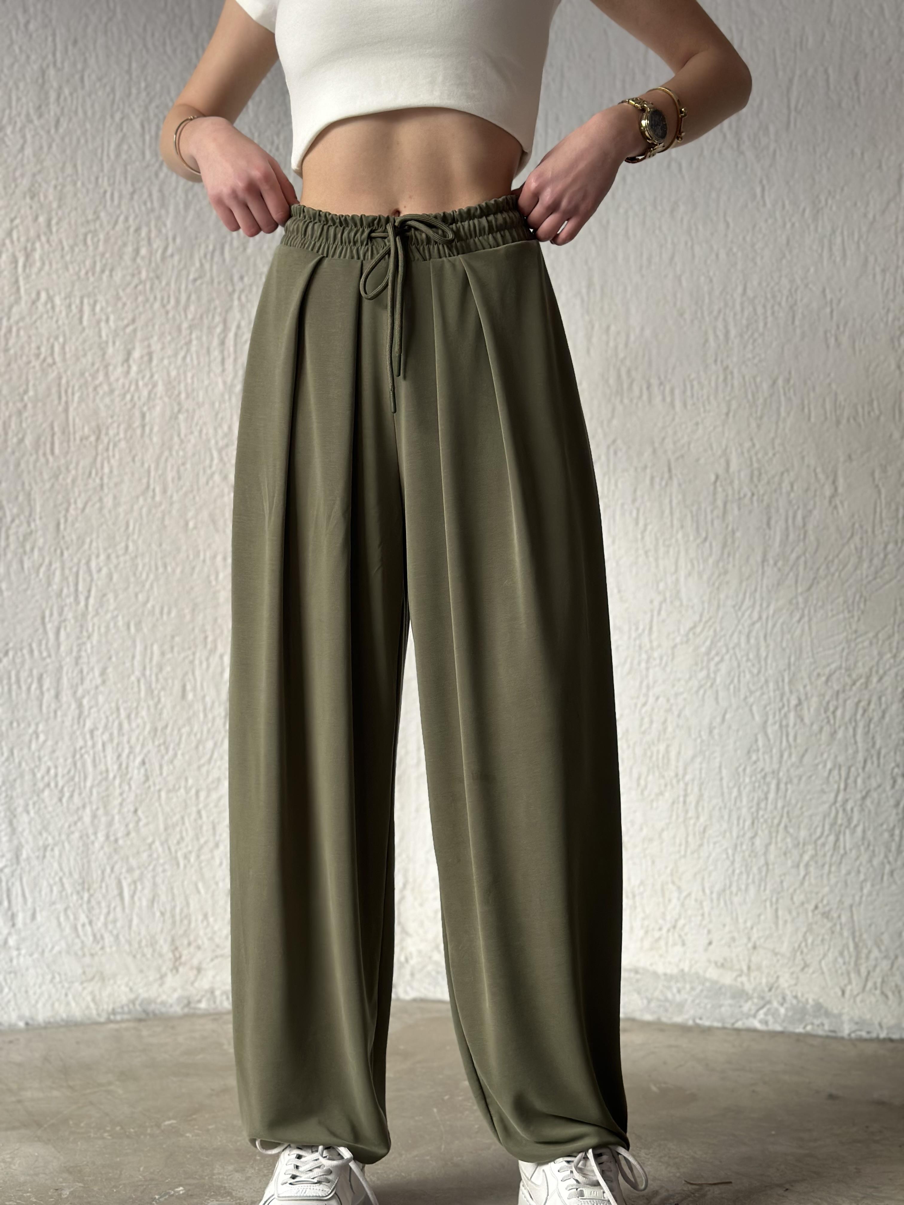  Modal Karışımlı Dökümlü Şalvar Pantolon - Yeşil