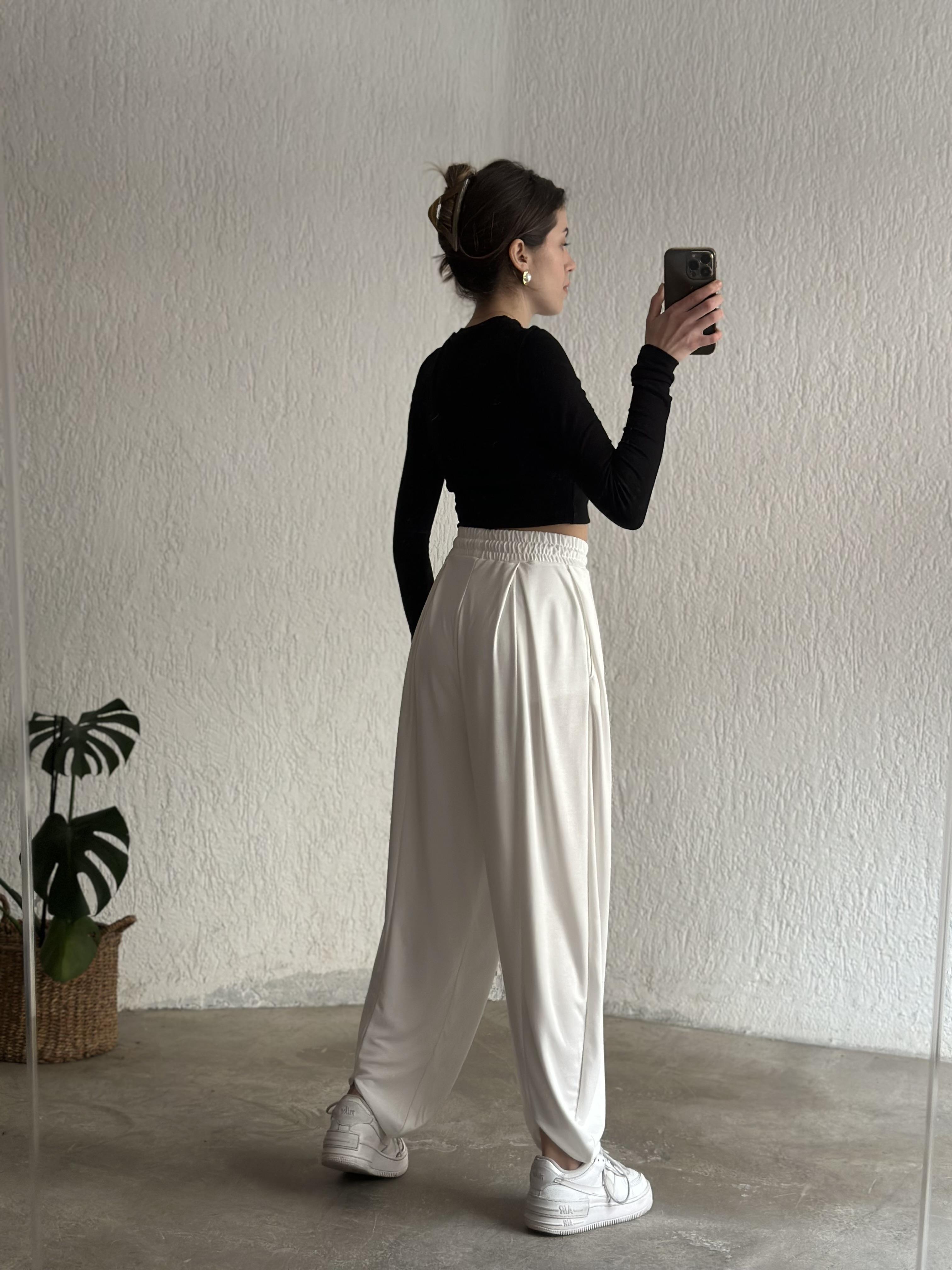 Oysho Modal Karışımlı Dökümlü Şalvar Pantolon - Beyaz