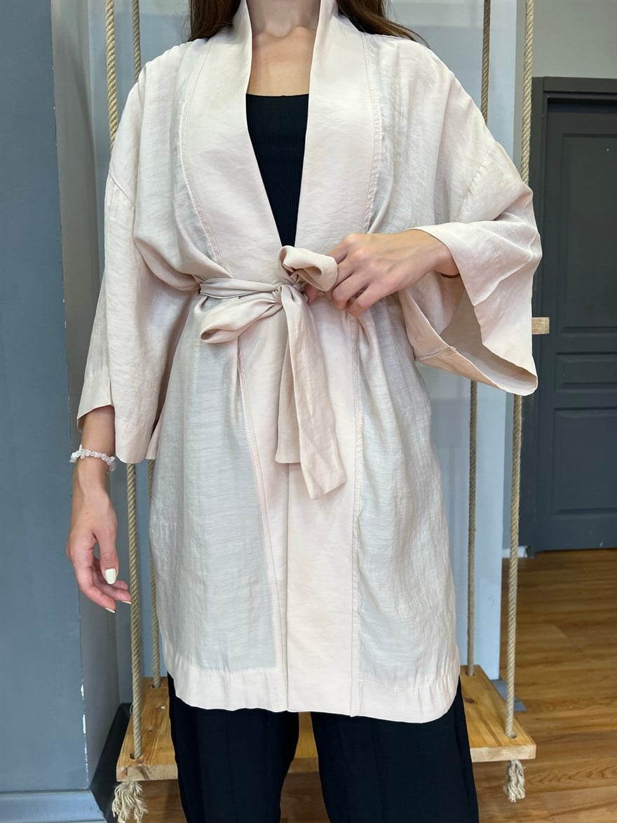 Pamuk Saten Kuşaklı Kimono - Bej