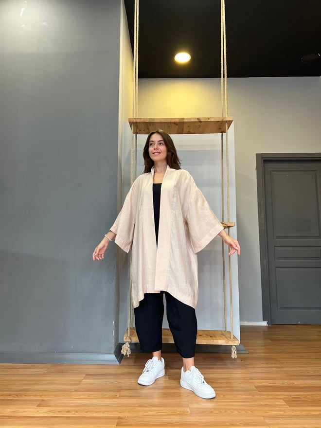 Pamuk Saten Kuşaklı Kimono - Bej
