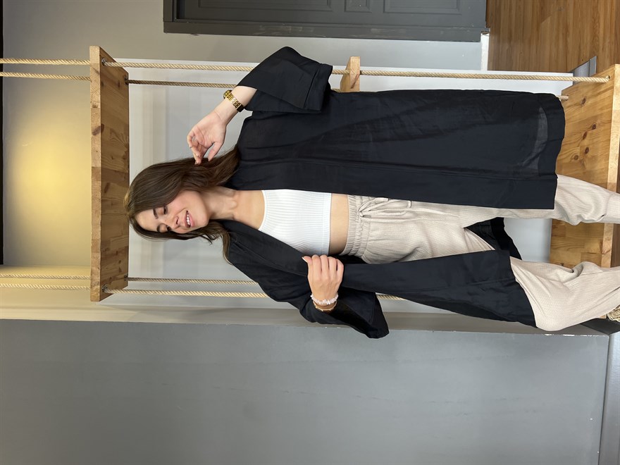 Pamuk Saten Kuşaklı Kimono - Siyah