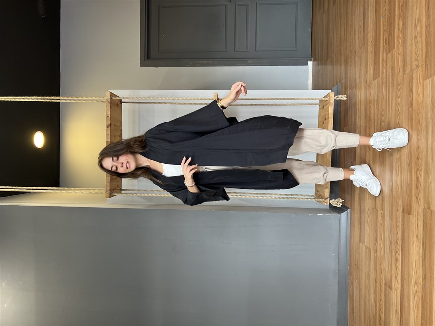 Pamuk Saten Kuşaklı Kimono - Siyah