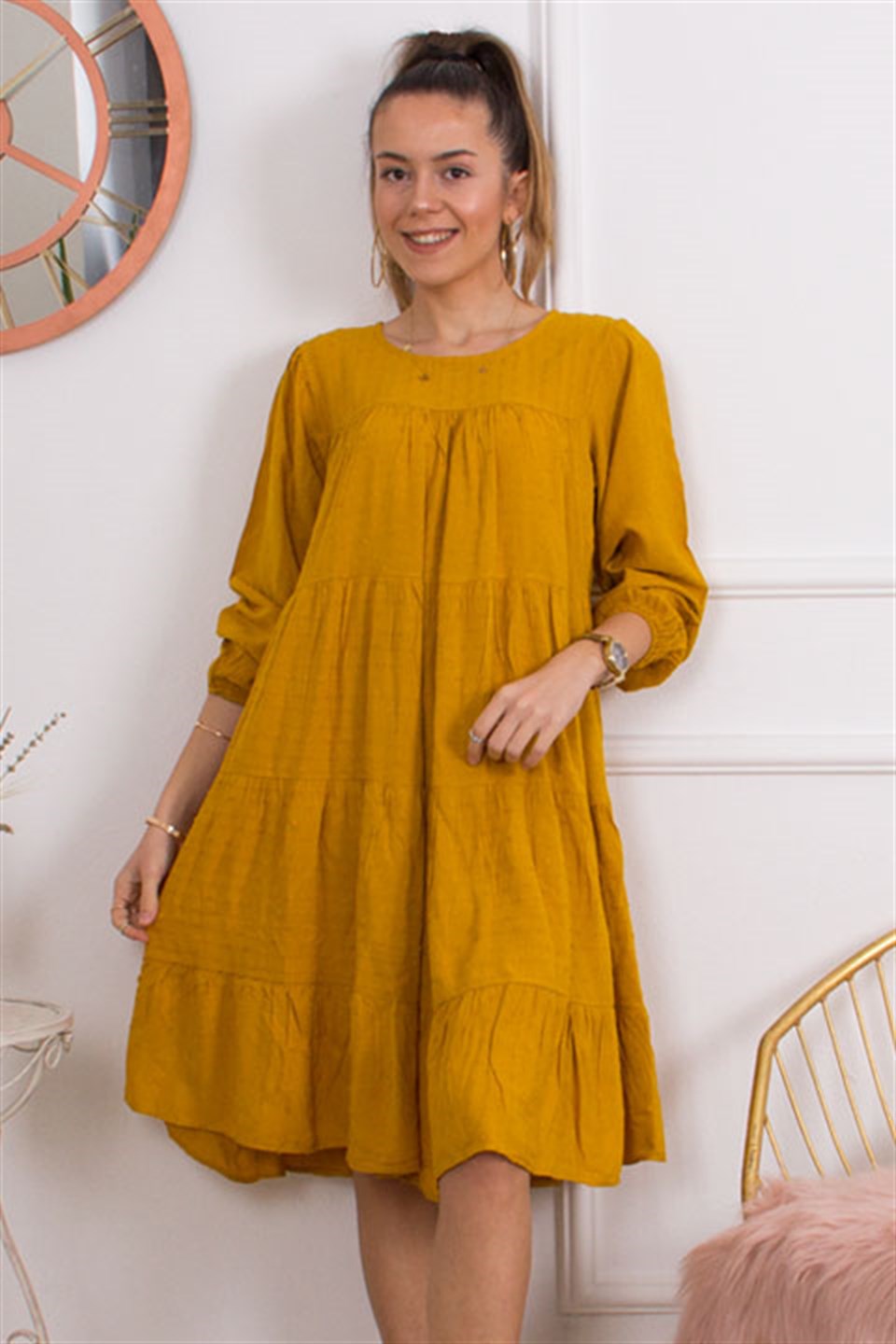 Patlı Salaş Elbise - Hardal