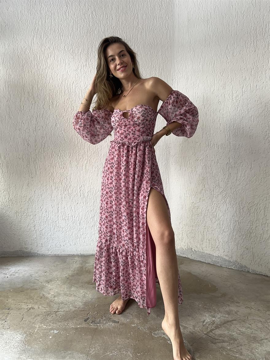 Pembe Desenli Şifon Yırtmaşlı Elbise 