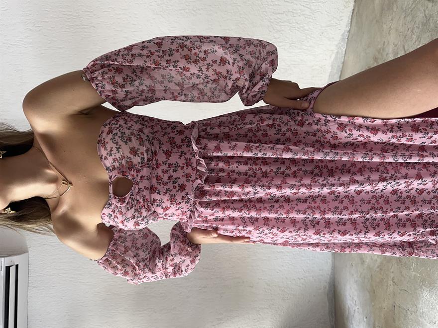 Pembe Desenli Şifon Yırtmaşlı Elbise 