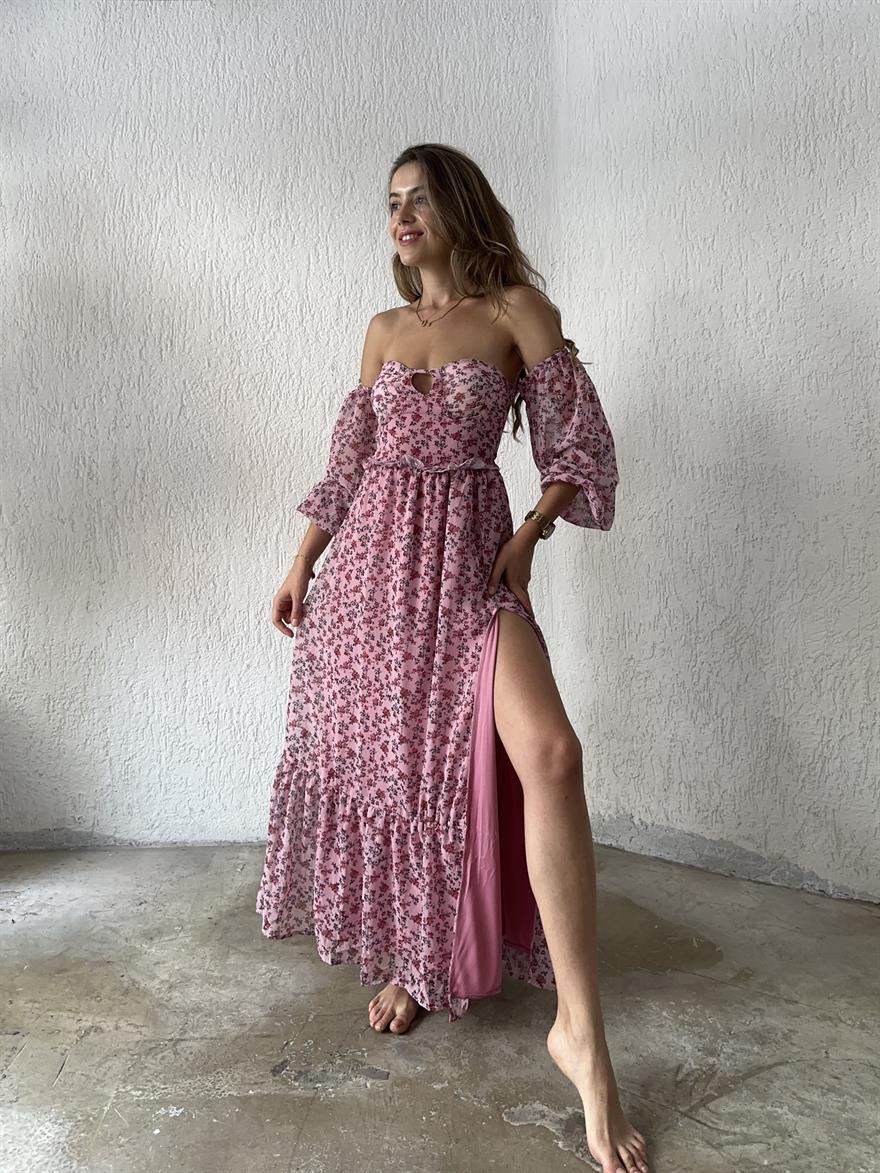 Pembe Desenli Şifon Yırtmaşlı Elbise 