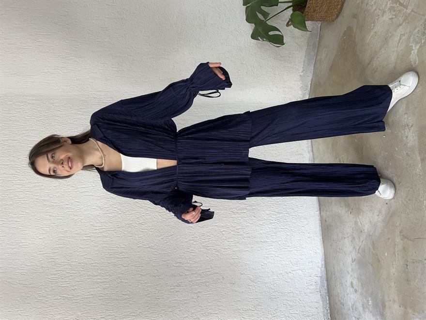 Piliseli Kimono - Pantolon Takım - Gece Mavisi