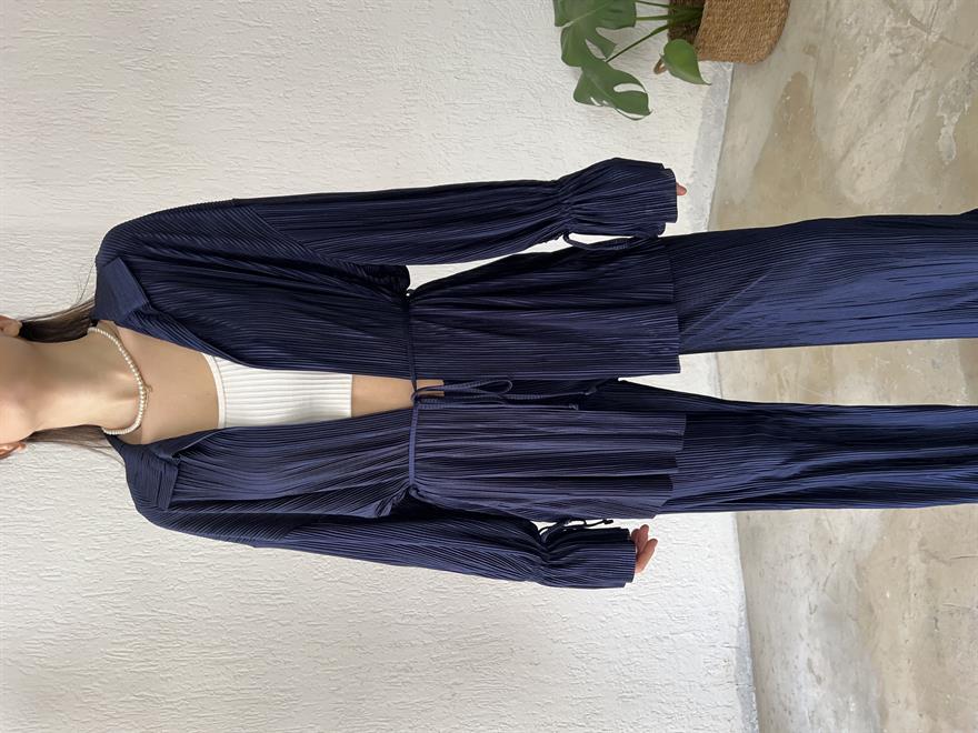 Piliseli Kimono - Pantolon Takım - Gece Mavisi