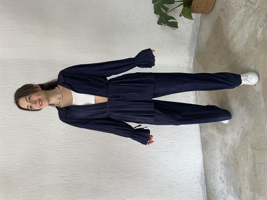 Piliseli Kimono - Pantolon Takım - Gece Mavisi