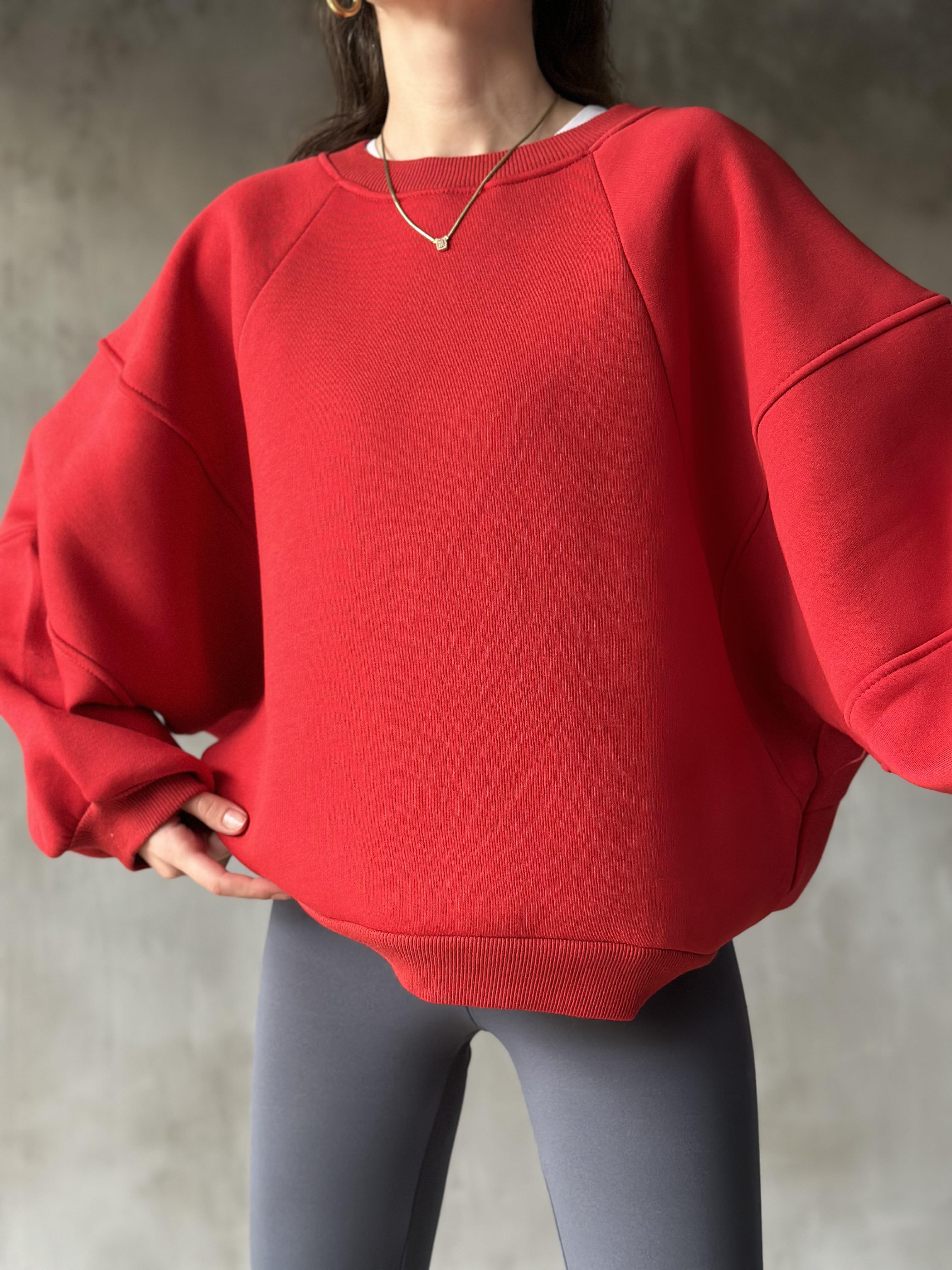 Poem Unisex Yarasa Kol Oversize Sweatshirt - Kırmızı
