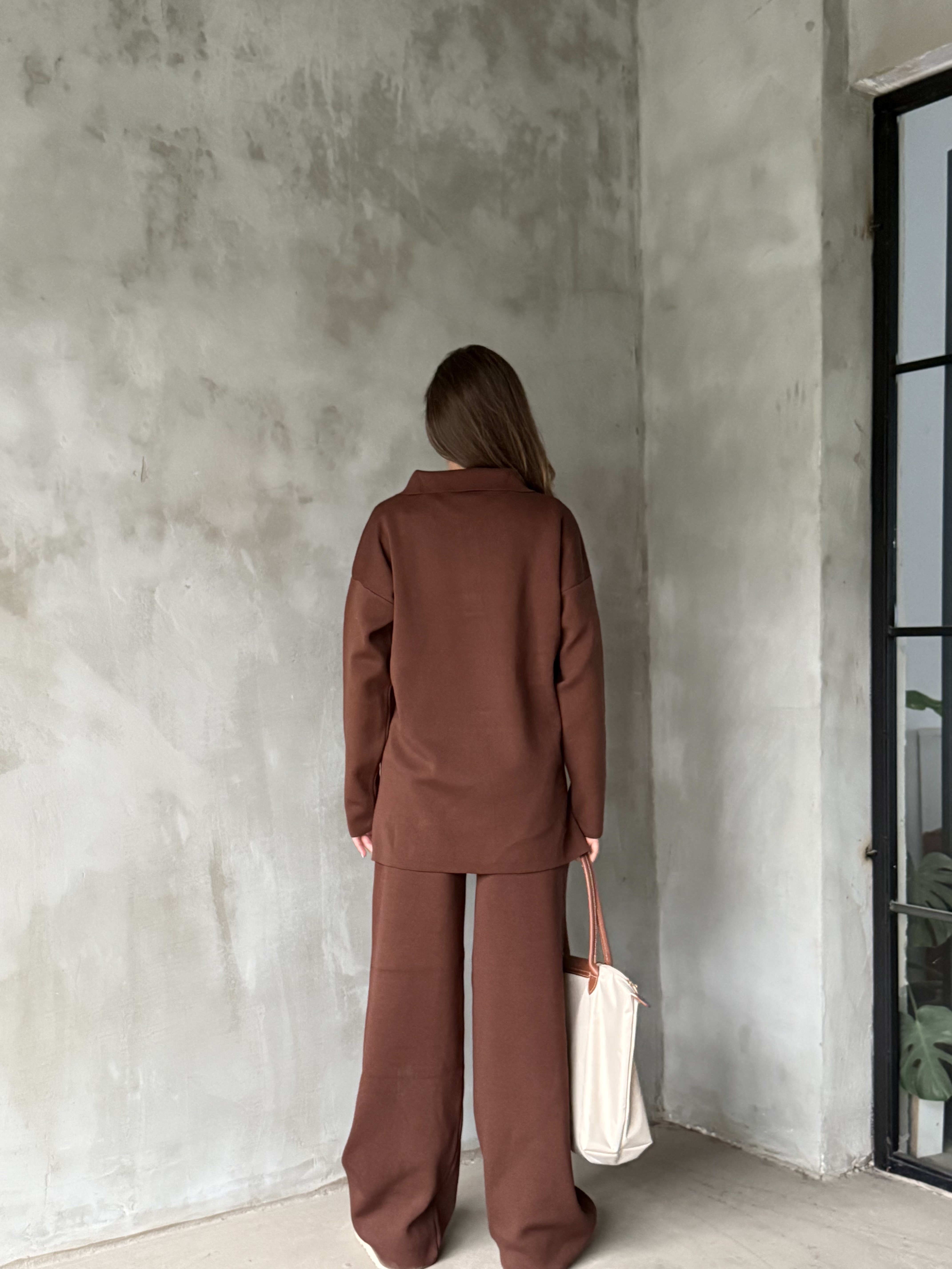 Polo Yaka Oversize Triko Takım - Kahverengi