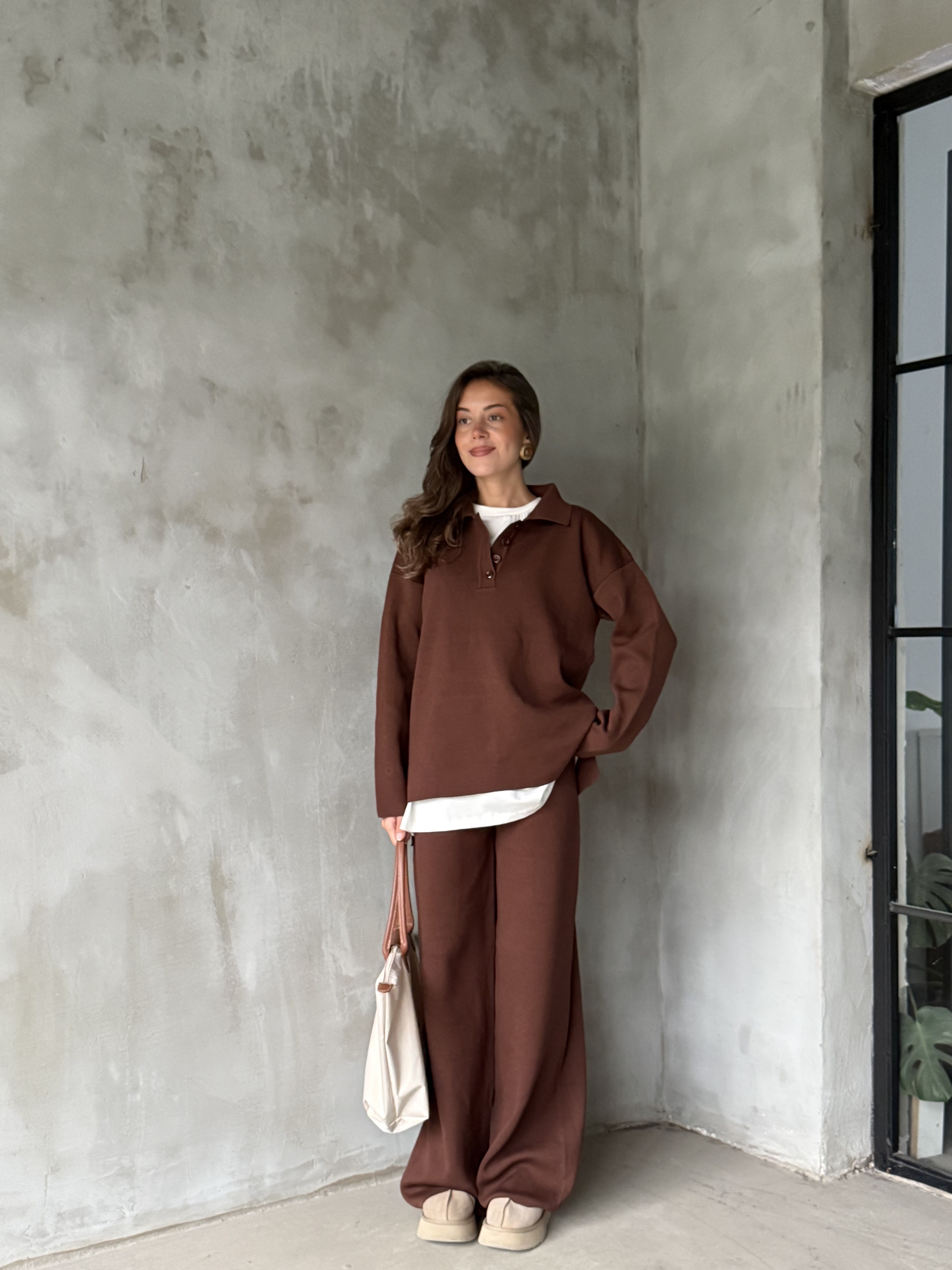 Polo Yaka Oversize Triko Takım - Kahverengi