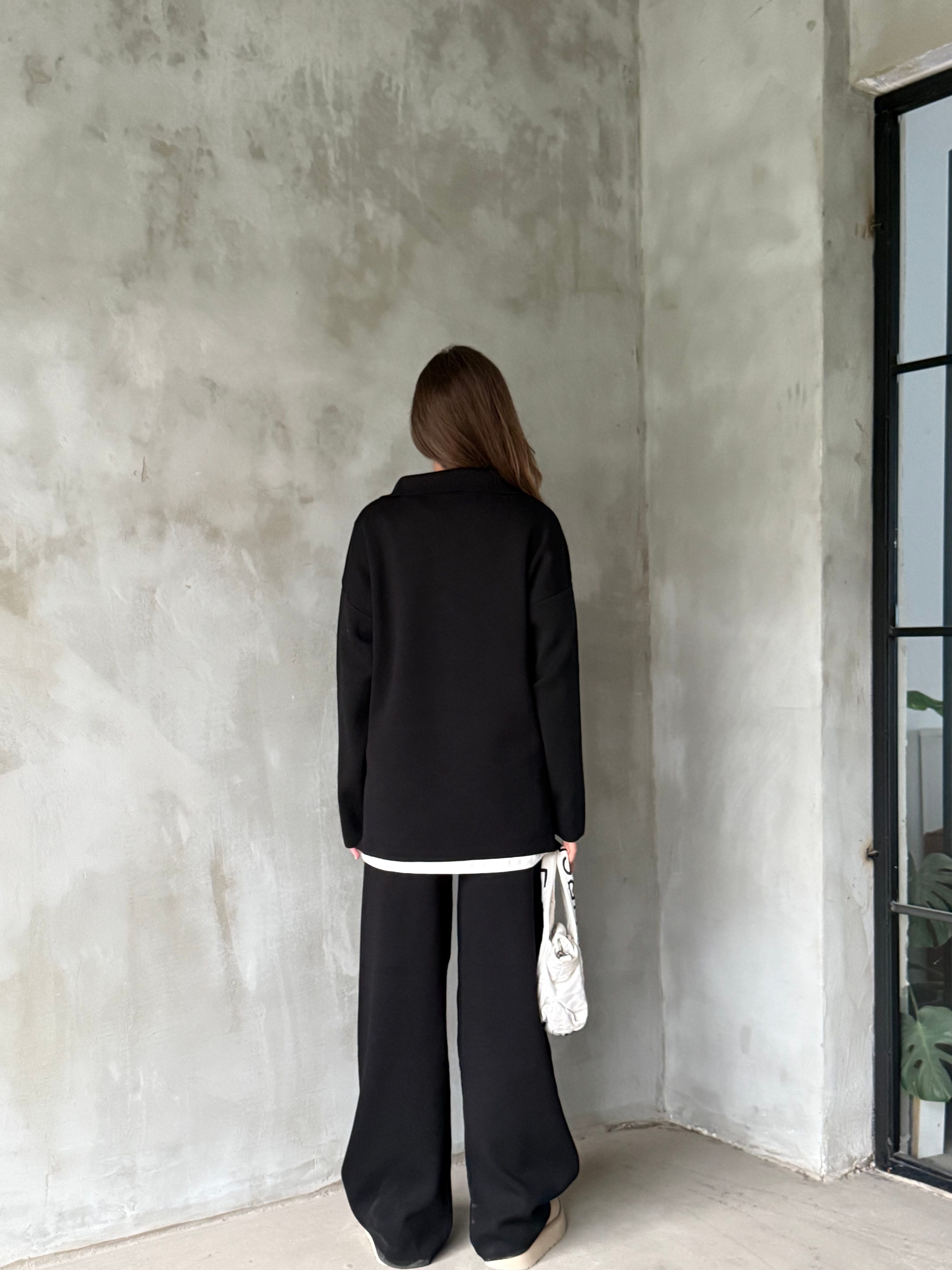 Polo Yaka Oversize Triko Takım - Siyah