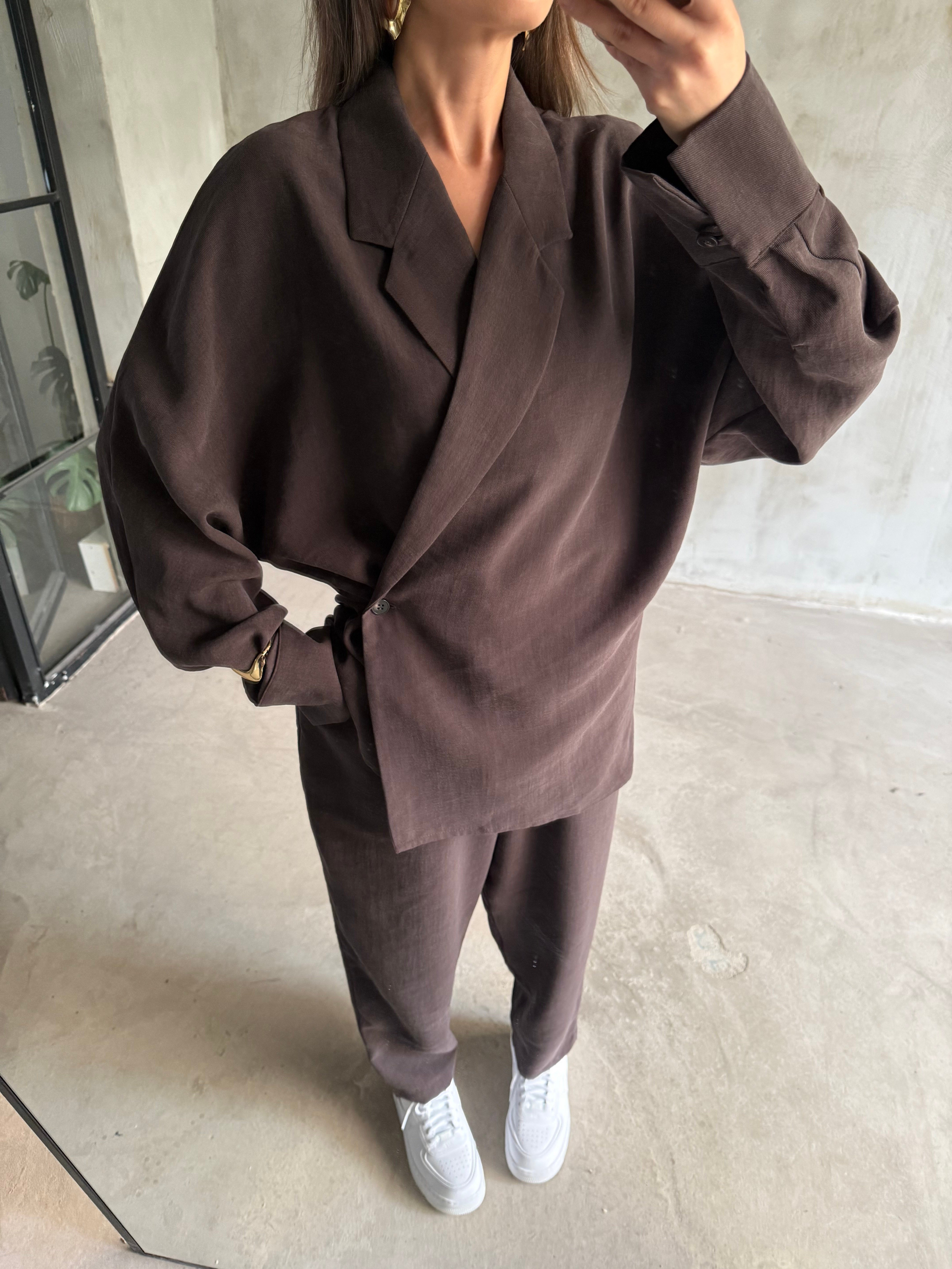 Premium Gabardin Tencel Kimonolu Takım - Kahverengi