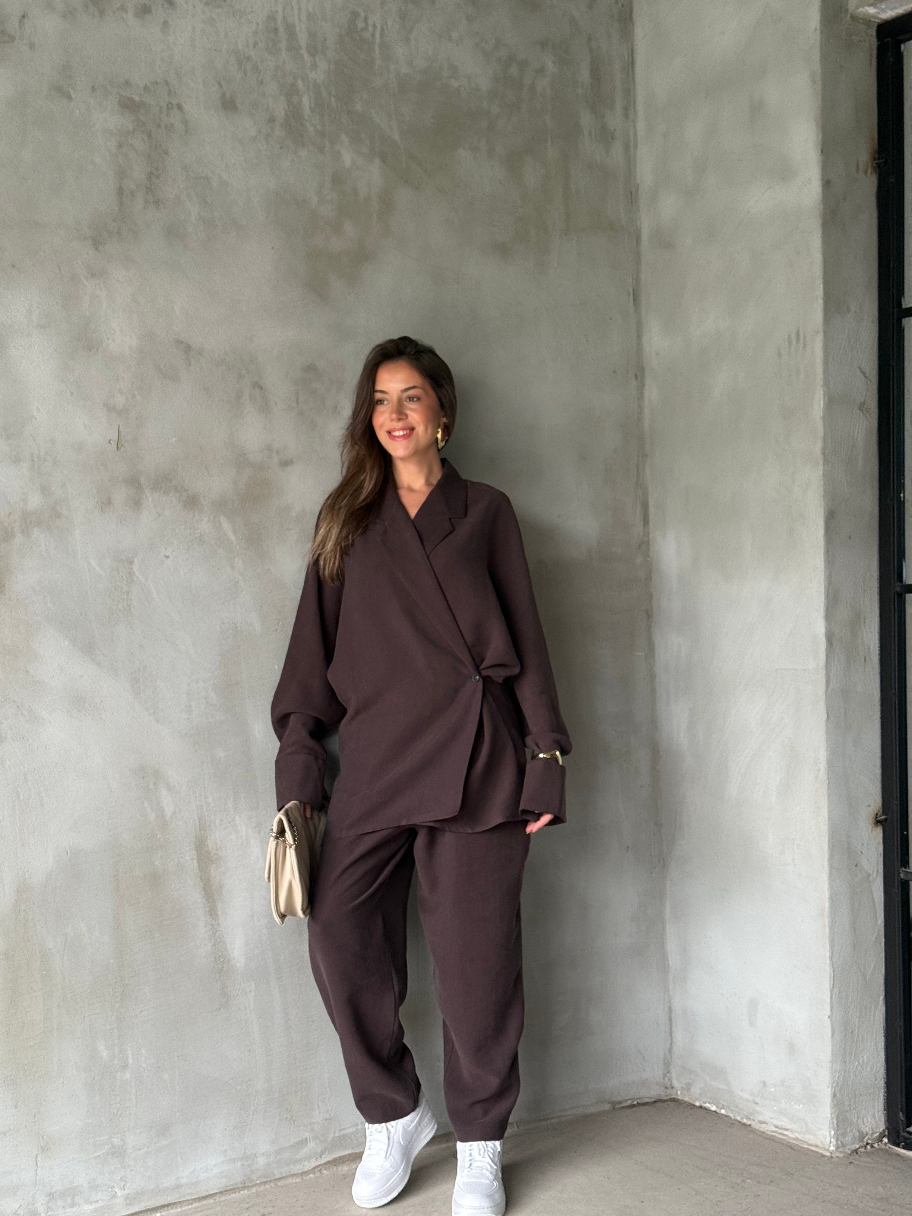 Premium Gabardin Tencel Kimonolu Takım - Kahverengi