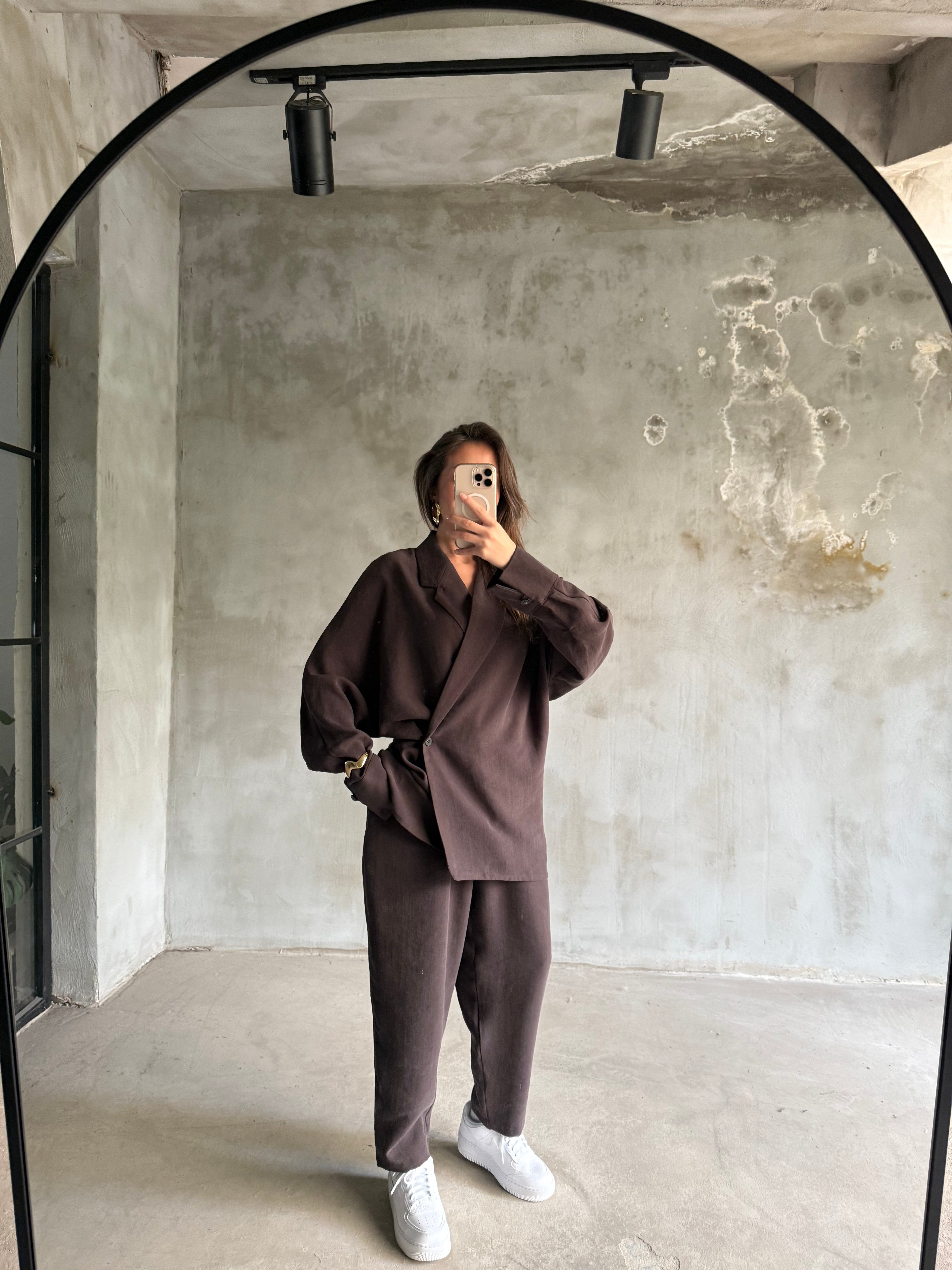 Premium Gabardin Tencel Kimonolu Takım - Kahverengi