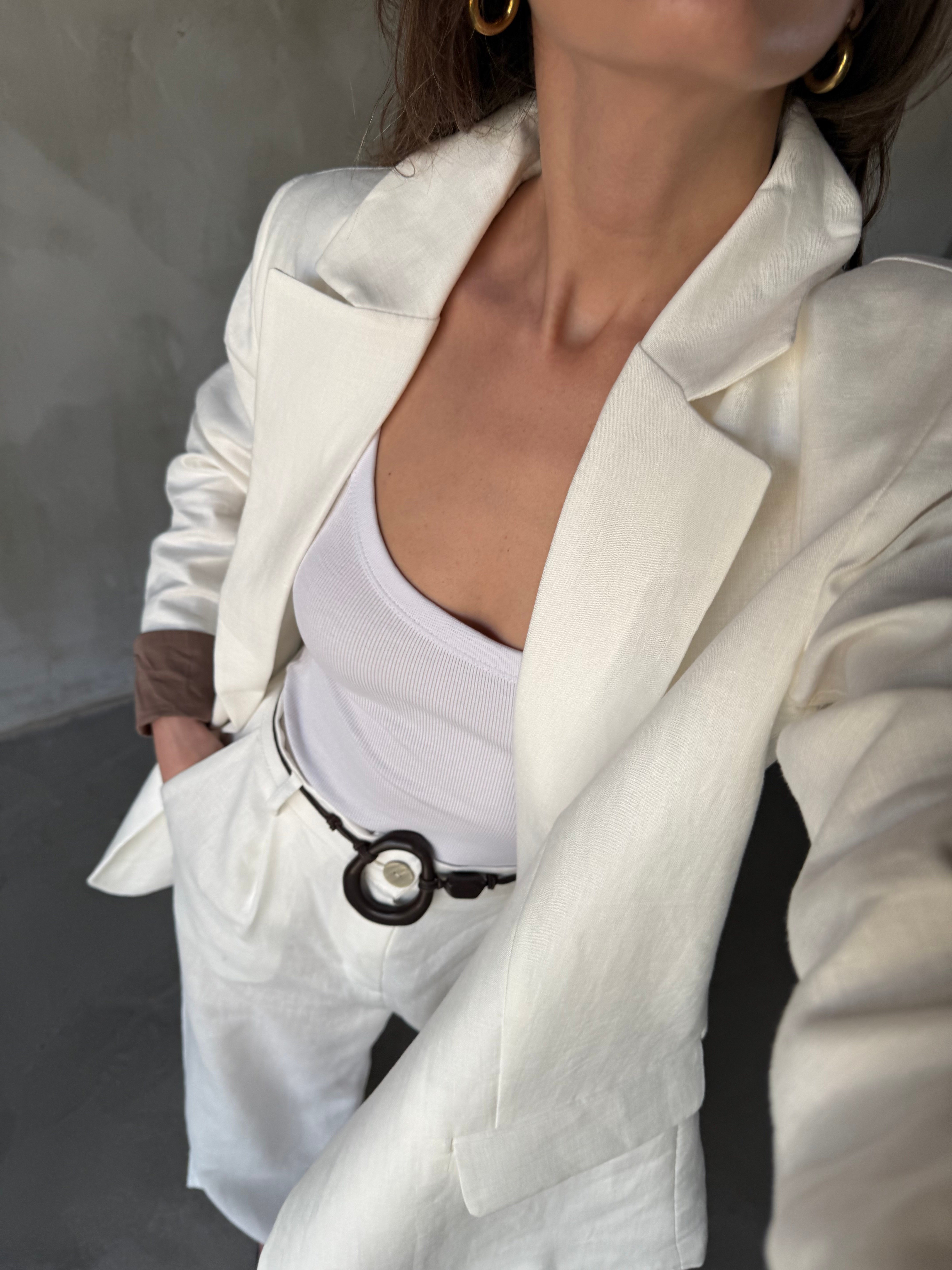 Premium Ham Keten Blazer Pantolon Takım - Beyaz