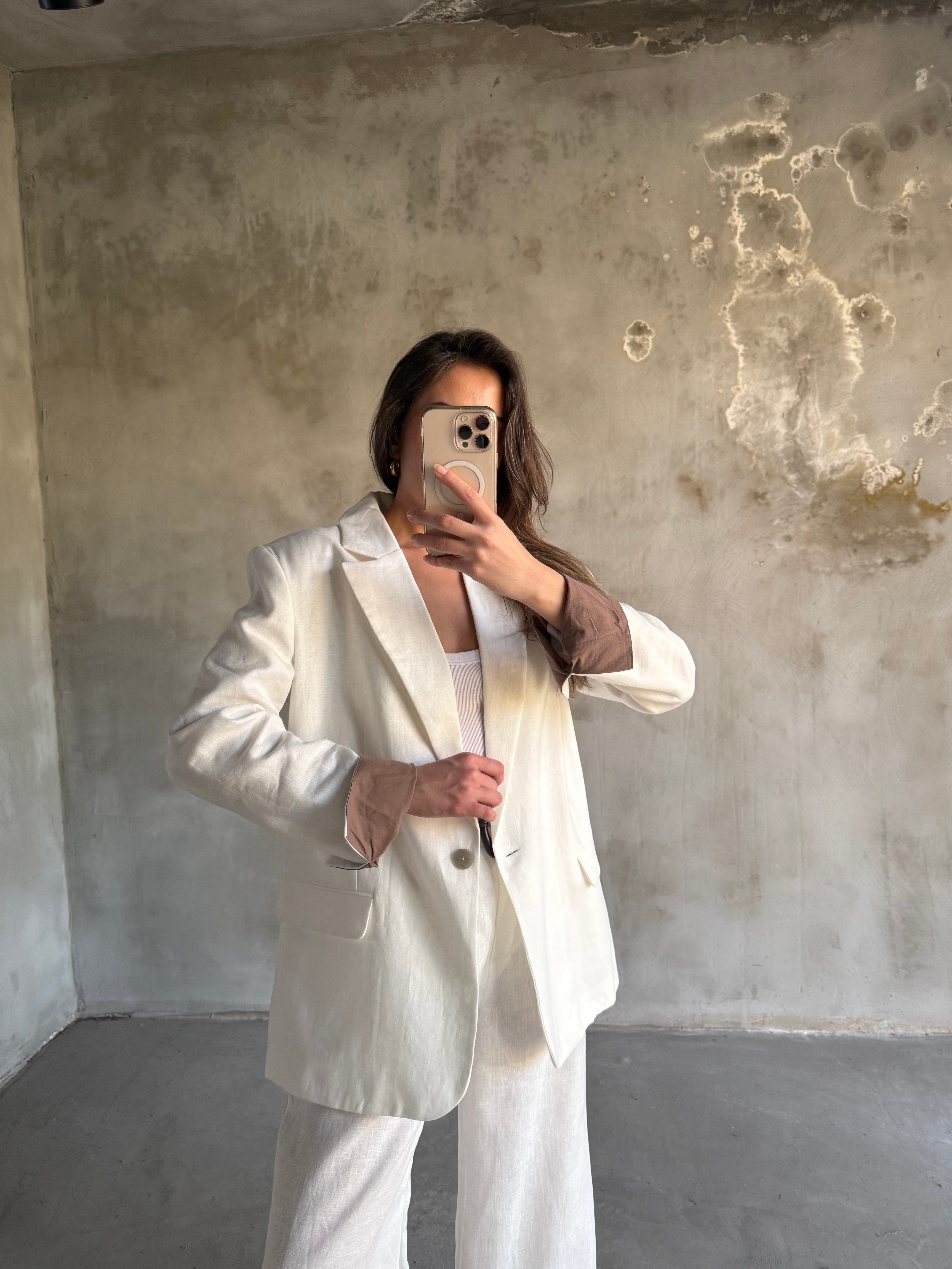 Premium Ham Keten Blazer Pantolon Takım - Beyaz