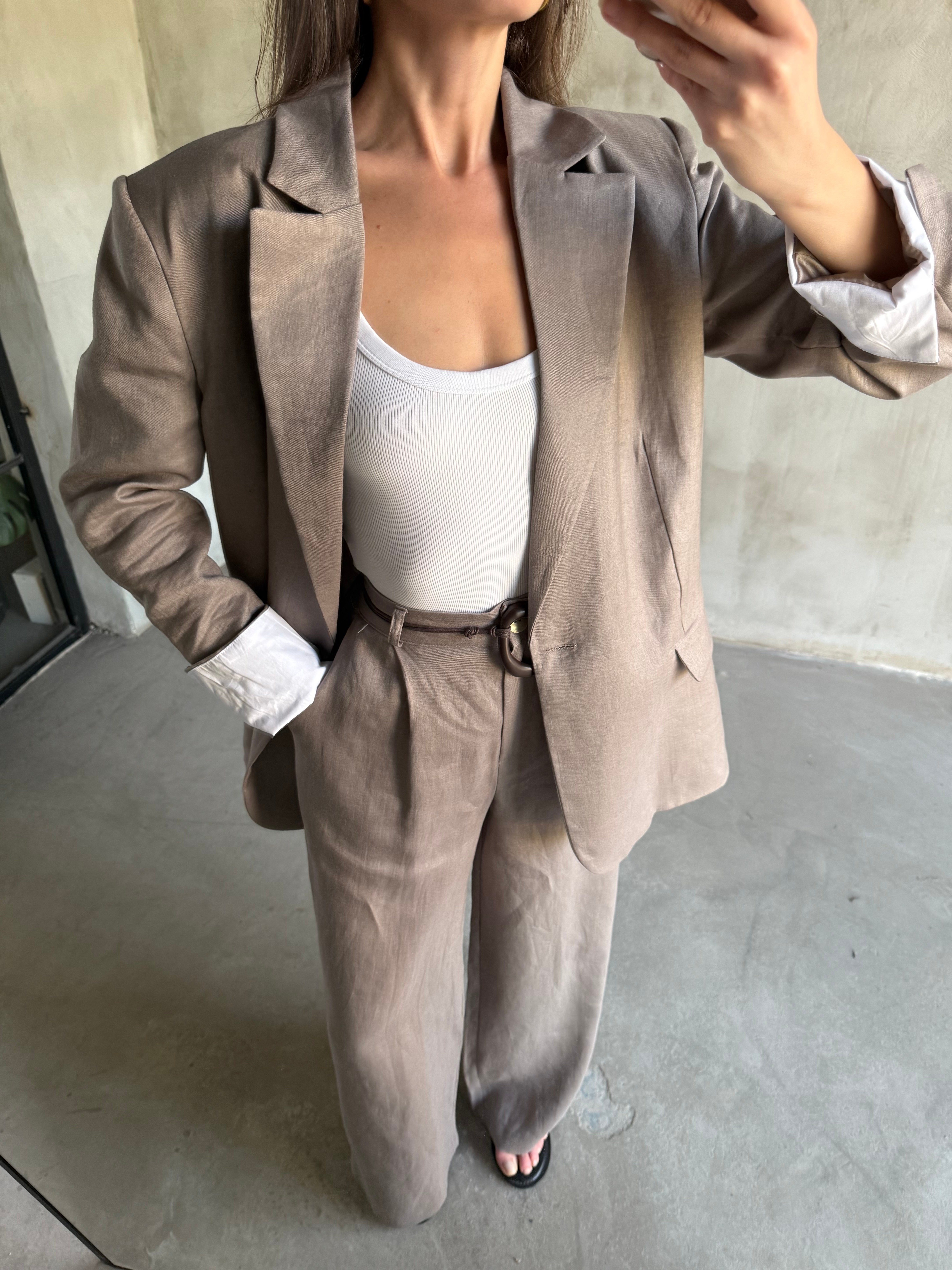 Premium Ham Keten Blazer Pantolon Takım - Vizon
