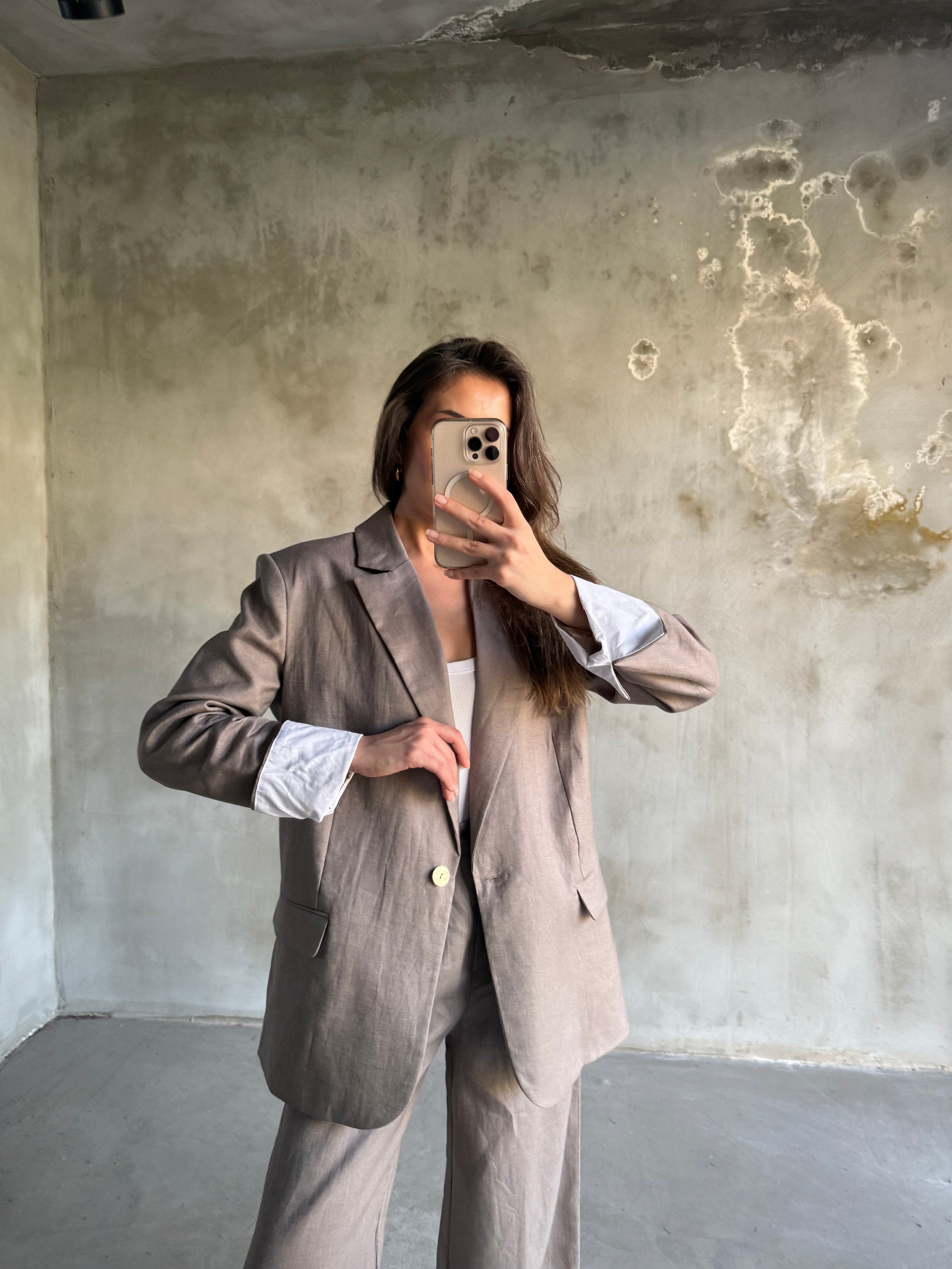 Premium Ham Keten Blazer Pantolon Takım - Vizon