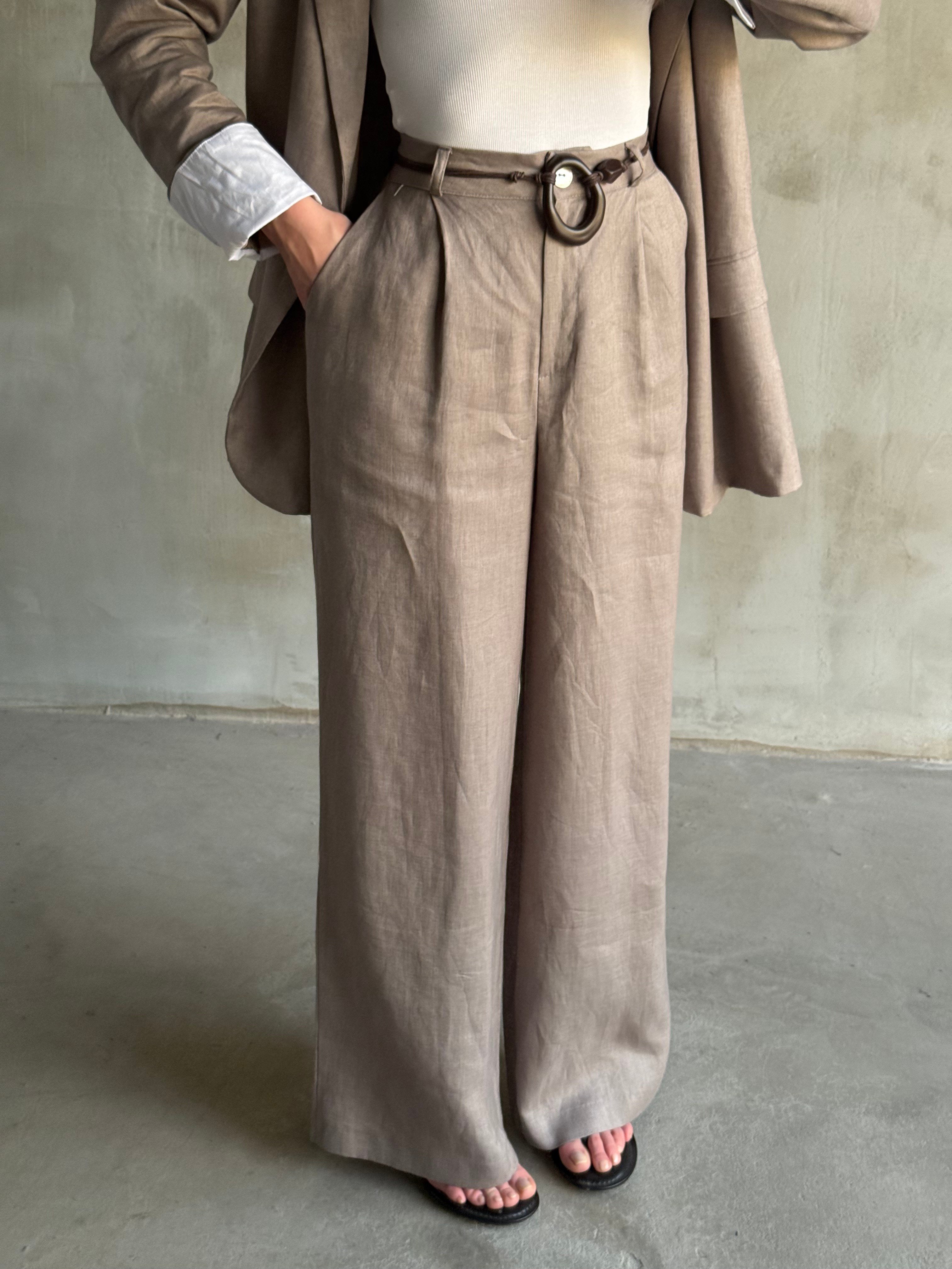 Premium Ham Keten Blazer Pantolon Takım - Vizon
