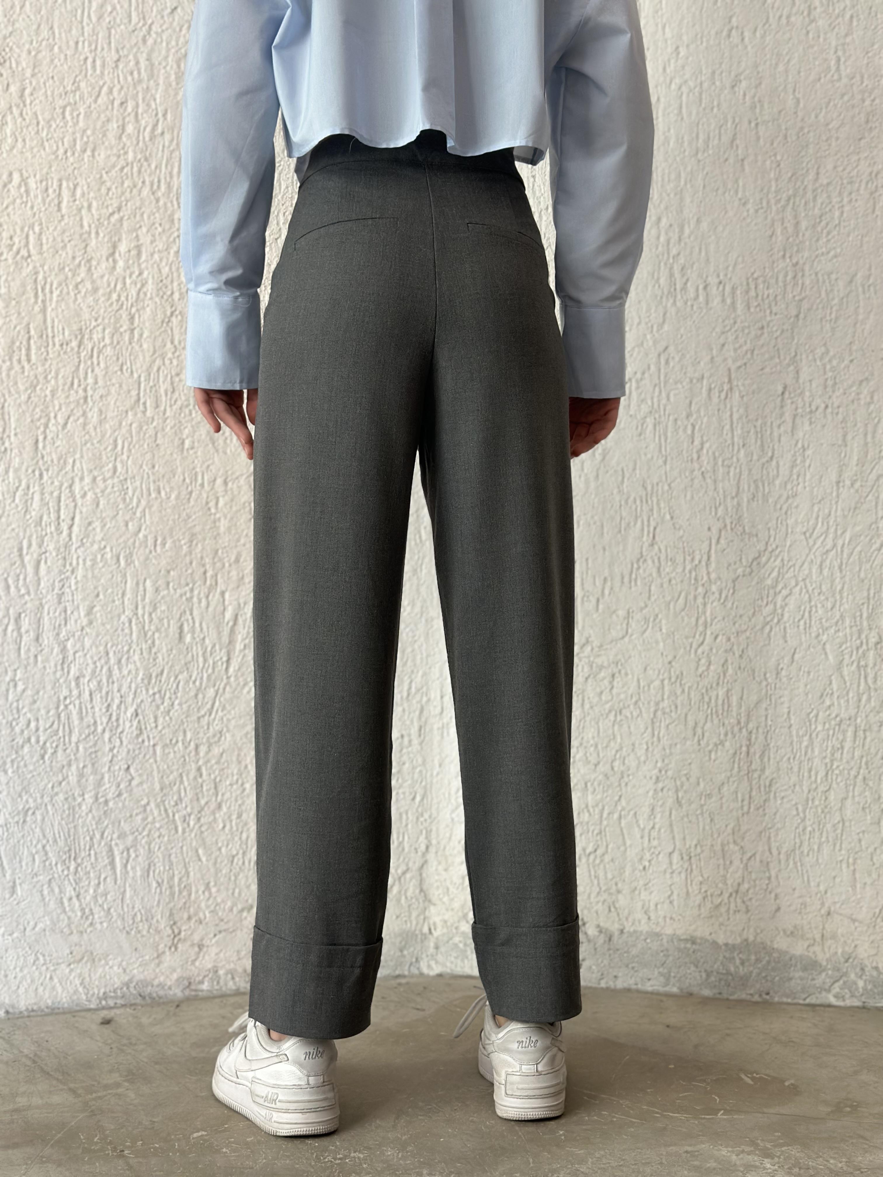 Premium Katlı Paça Kumaş Pantolon - Füme