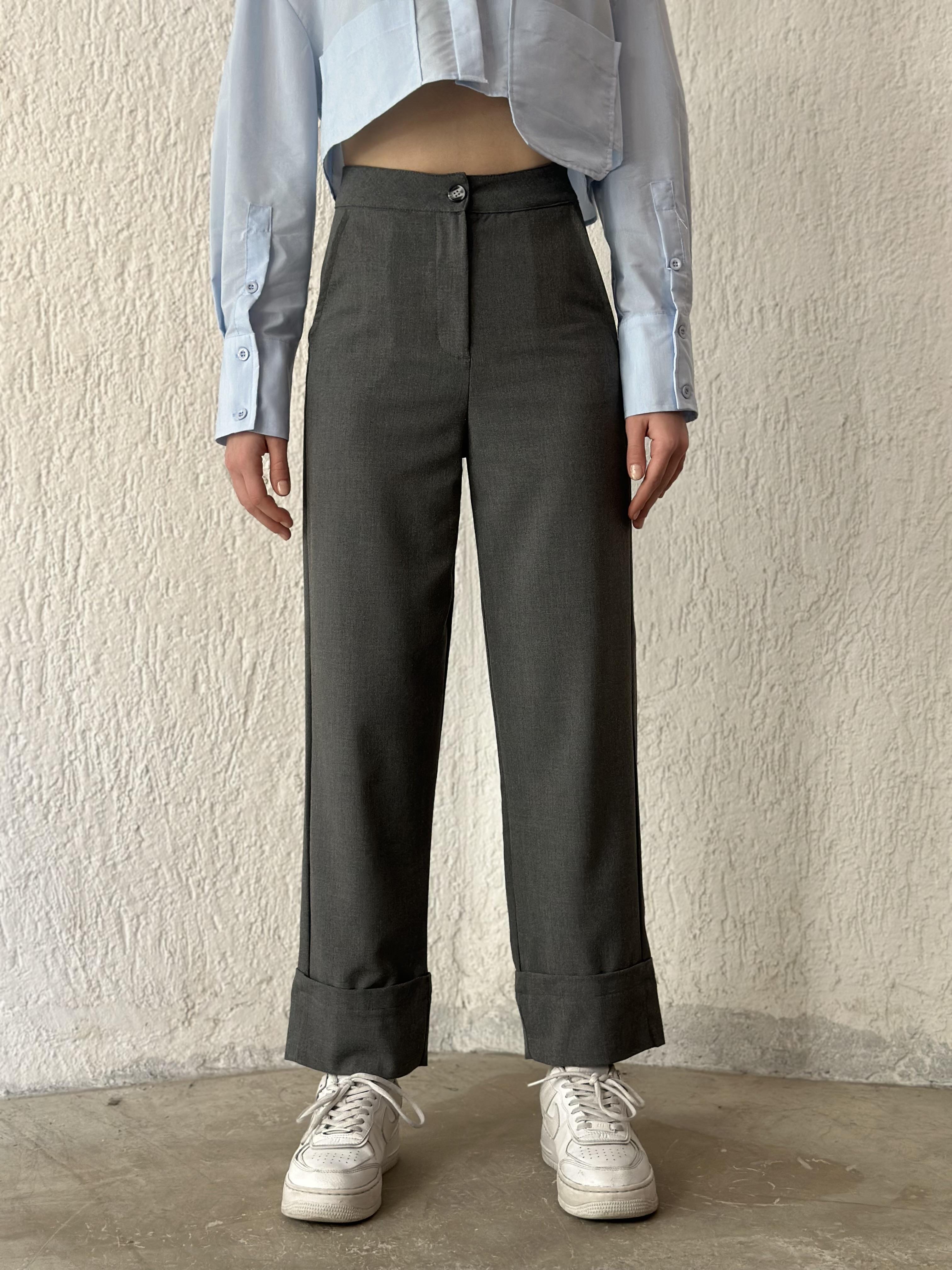 Premium Katlı Paça Kumaş Pantolon - Füme