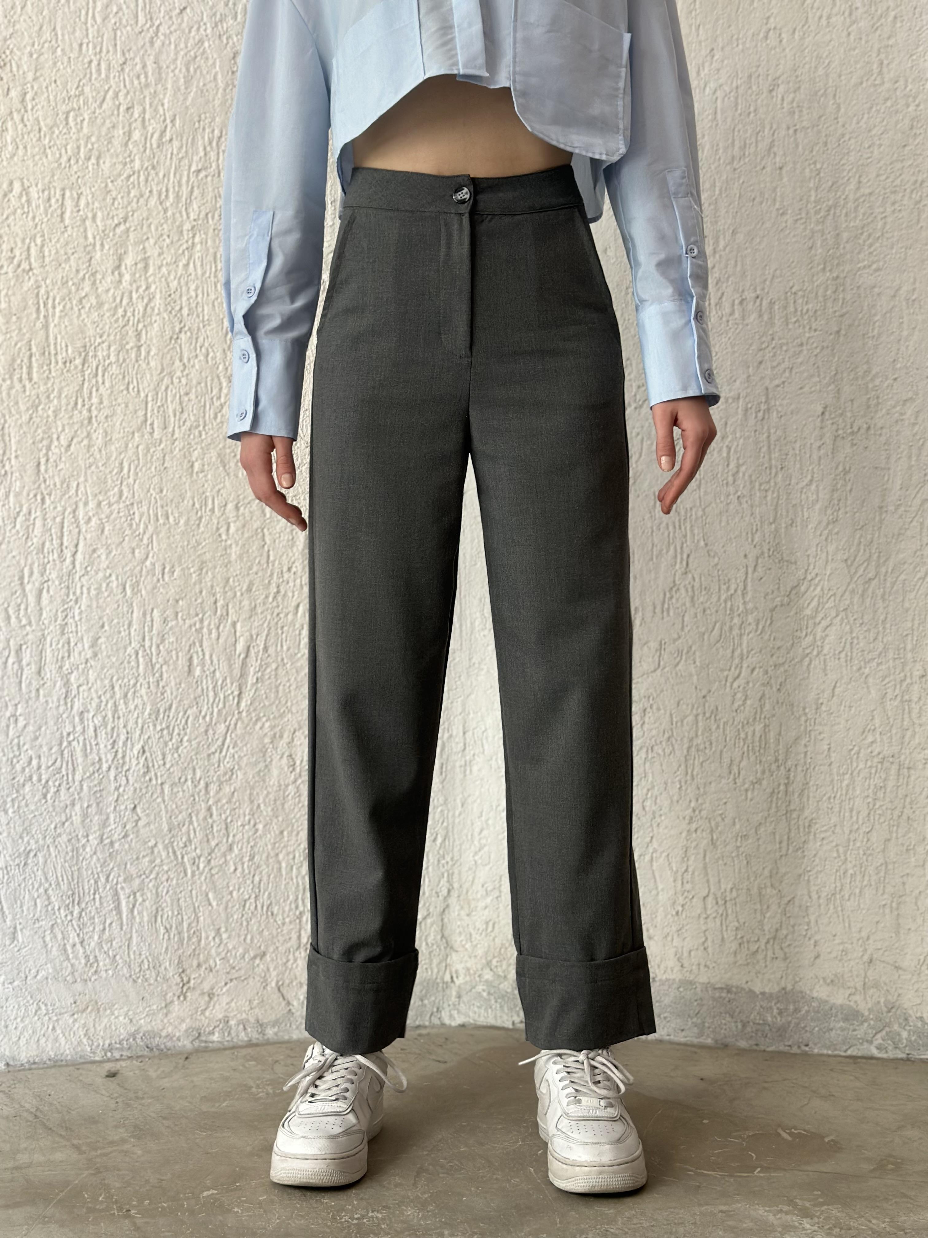 Premium Katlı Paça Kumaş Pantolon - Füme